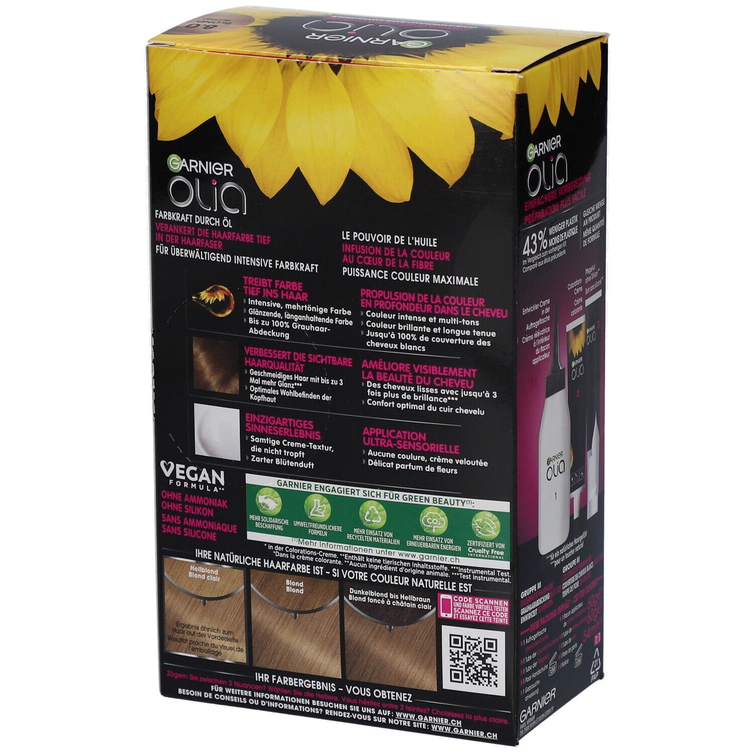 Achterkant Garnier Olia haarkleurverpakking. Productkenmerken, ingrediënten, kleurresultaten, vegan formule.
