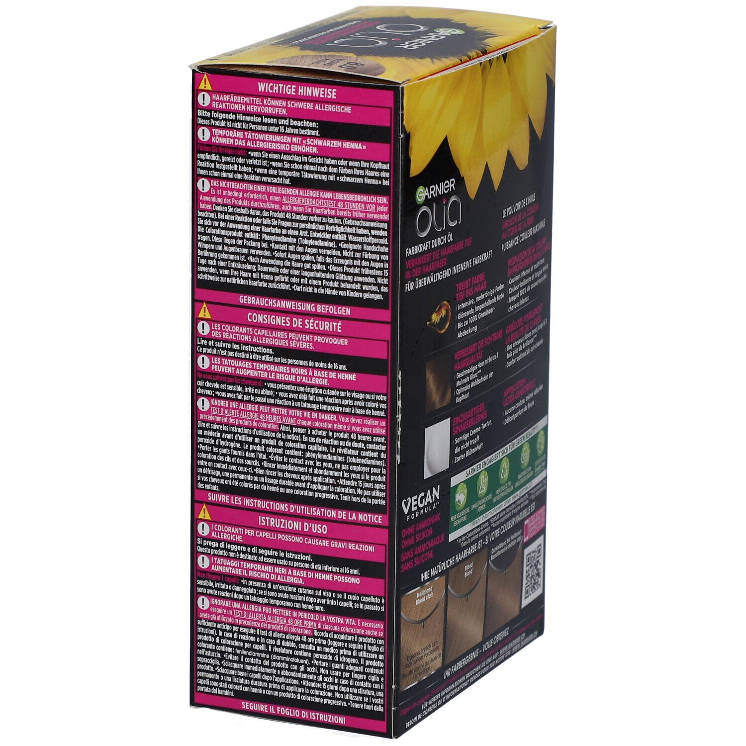 Garnier Olia haarkleurverpakking. Belangrijke informatie, gebruiksaanwijzing, veiligheidsvoorschriften, vegan formule.