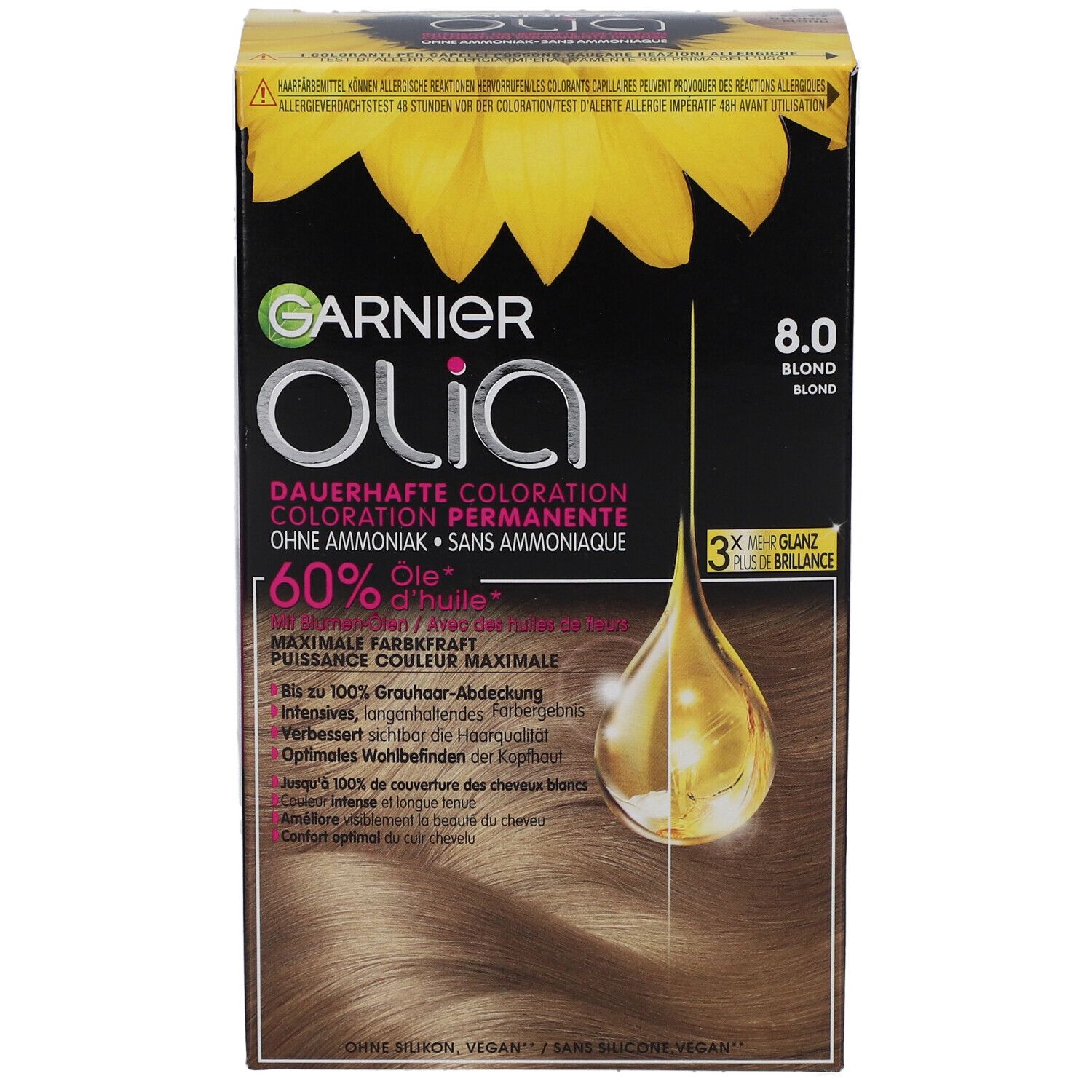 Garnier Olia haarkleur 8.0 Blond Clair. Doos met zonnebloemontwerp en productinfo. Druppel illustratie.