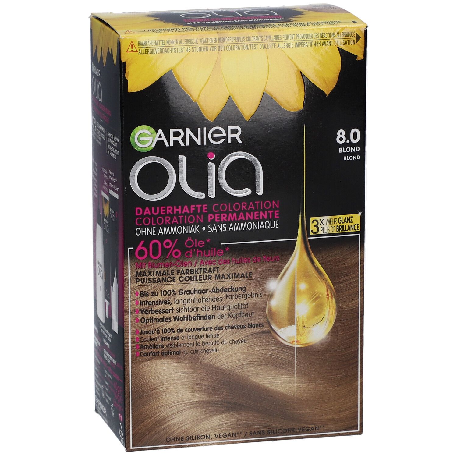 Garnier Olia haarkleur 8.0 Blond Clair. Doos met zonnebloemontwerp en productinfo. Druppel illustratie.