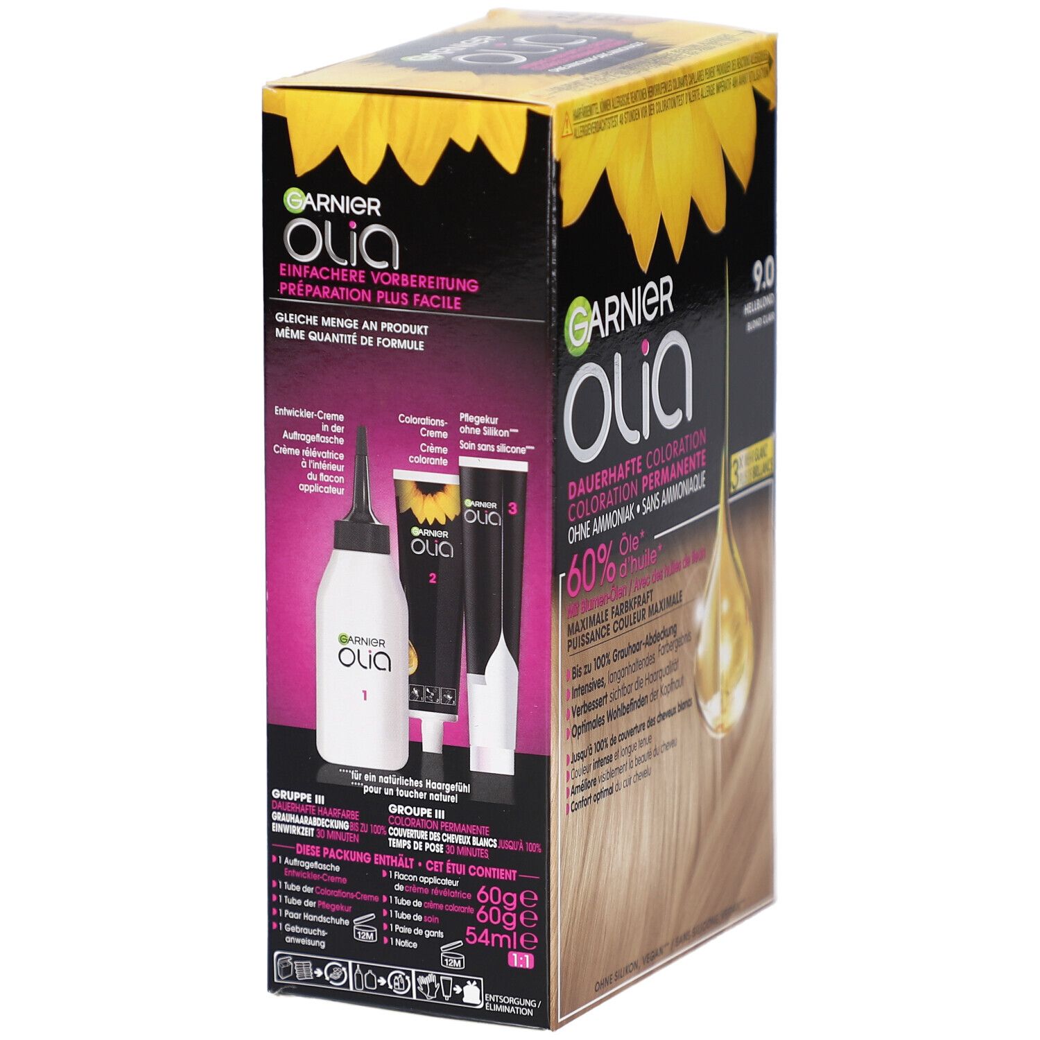 Achterkant van de haarkleurdoos. Bevat fles, applicator, crème. Garnier Olia. Ingrediënten en instructies.