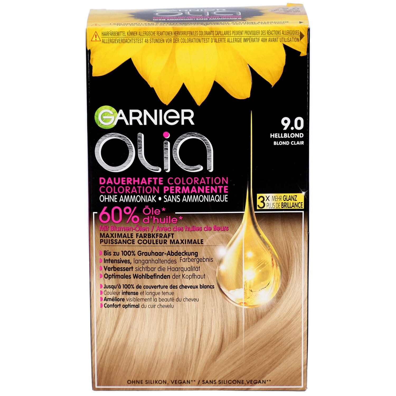 Haarkleurdoos. Garnier Olia 9.0 Lichtblond. Opdrukken: 60% olie, zonder ammoniak. Zonnebloemontwerp.