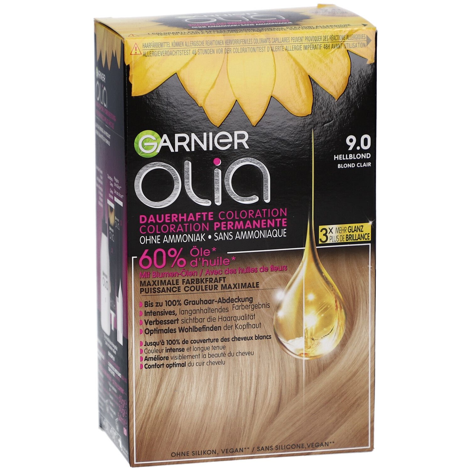 Haarkleurdoos. Garnier Olia 9.0 Lichtblond. Opdrukken: 60% olie, zonder ammoniak. Zonnebloemontwerp.