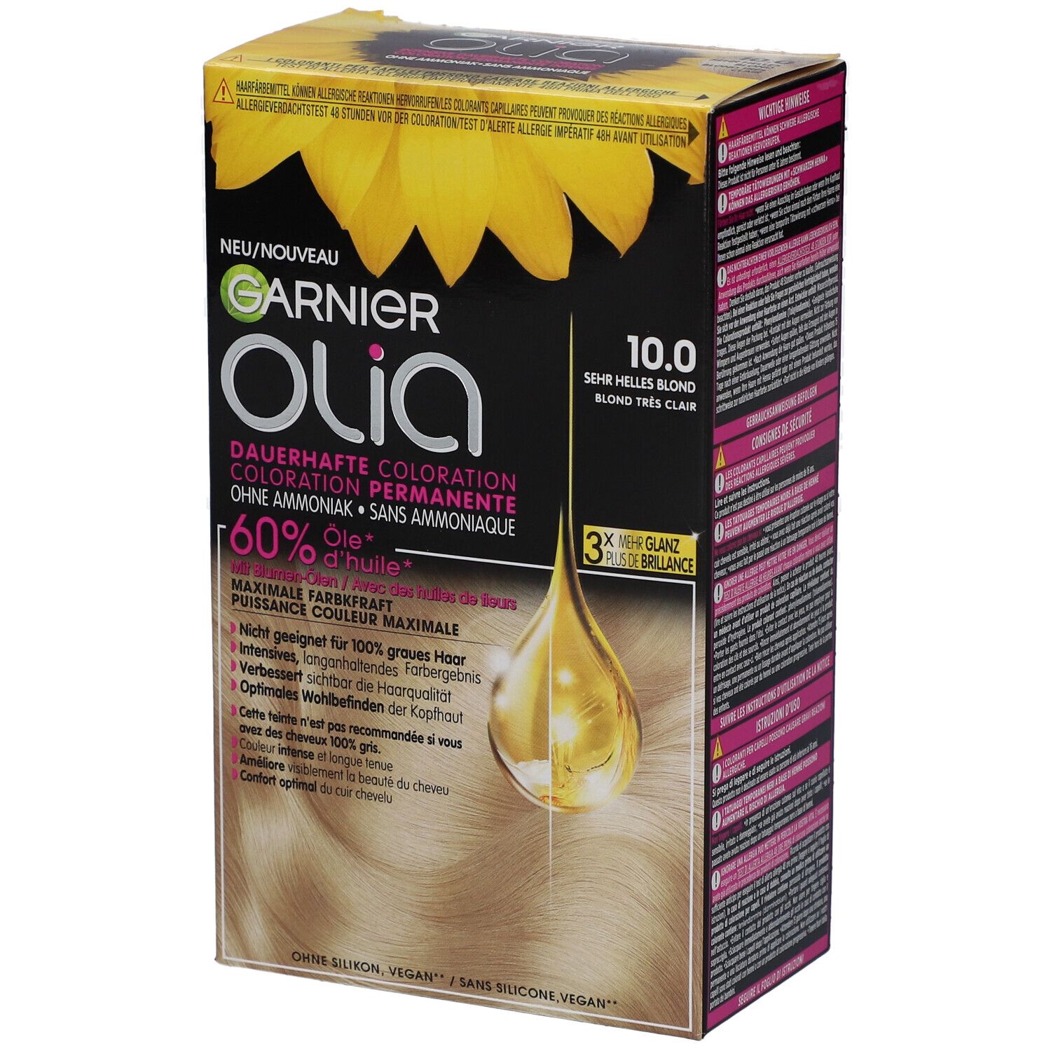 Garnier Olia permanente kleuring 10.0 Zeer lichtblond. Verpakking met zonnebloem en productinfo.