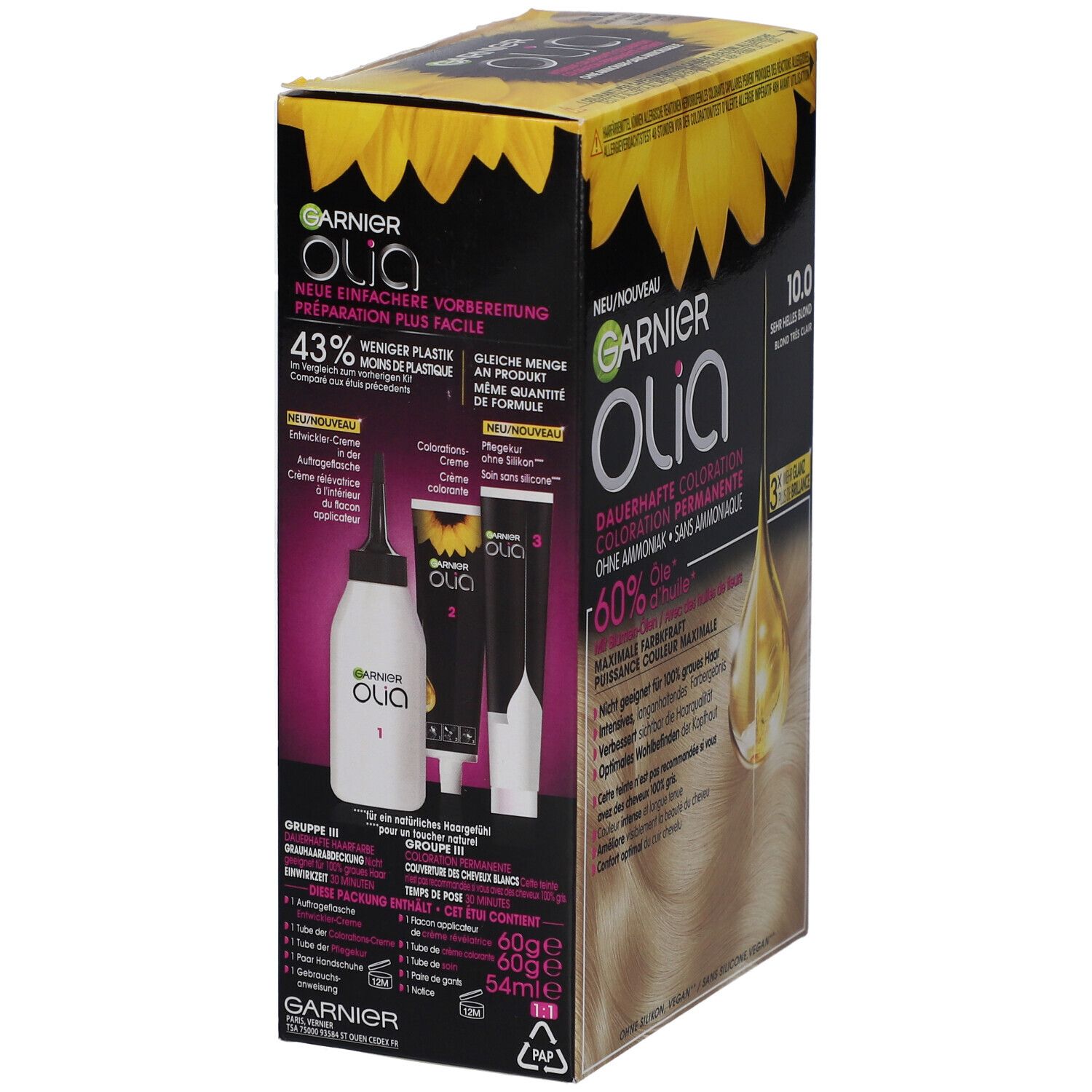 Garnier Olia, verpakking met componenten: fles, applicator, crème. Details en instructies.