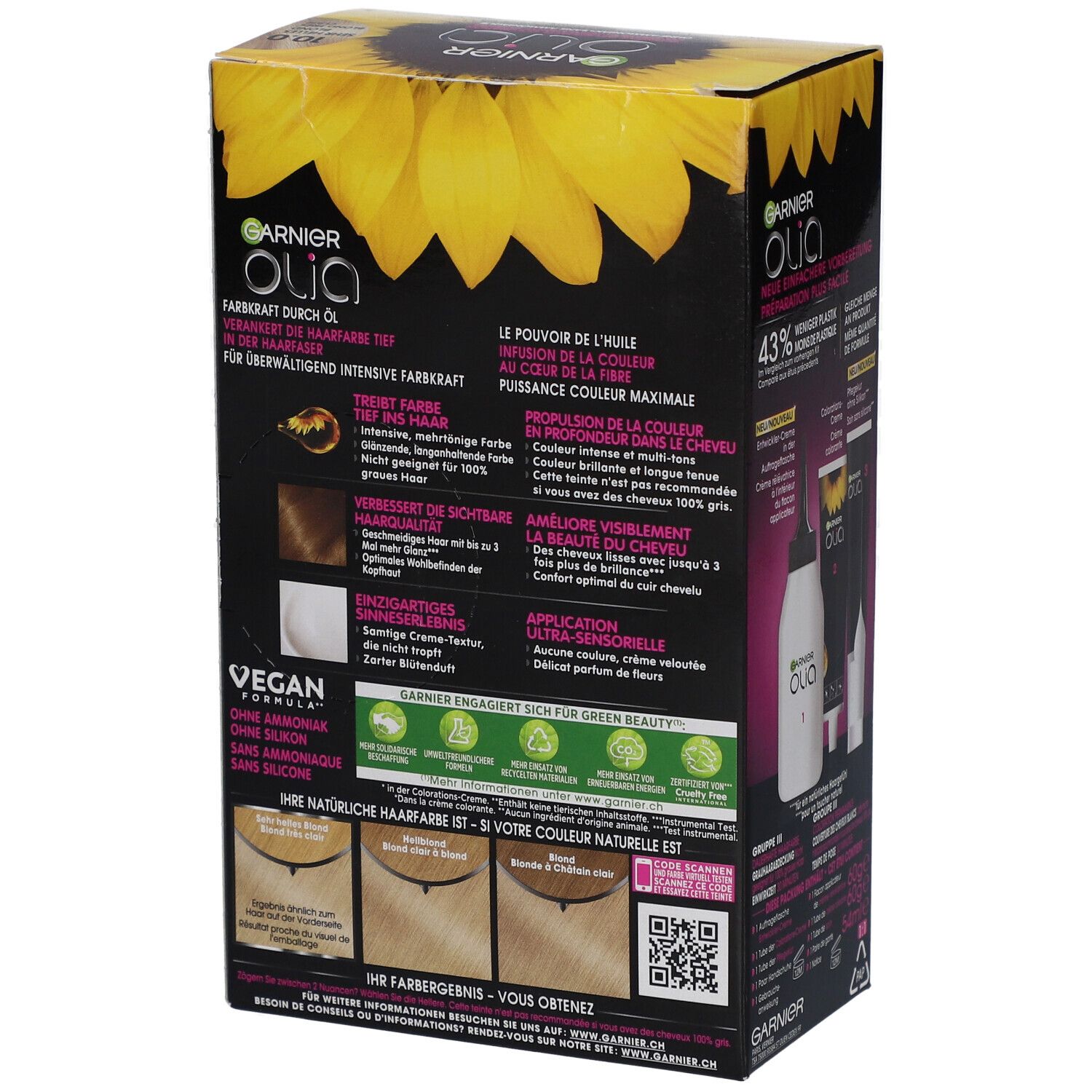 Garnier Olia, achterkant van de verpakking. Gebruiksinformatie, ingrediënten en kleurresultaten.