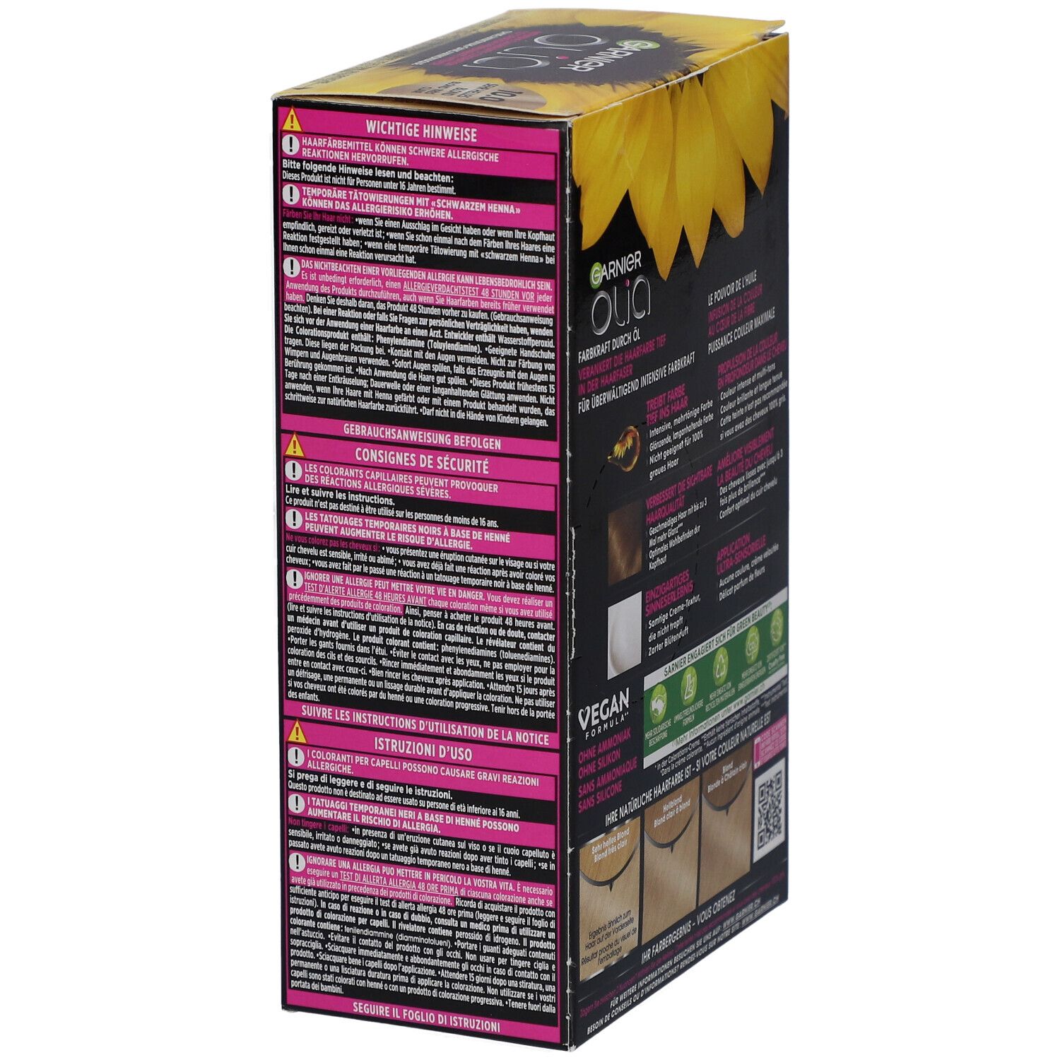 Garnier Olia, verpakking met waarschuwingen en veiligheidsinformatie. Meertalige tekst.