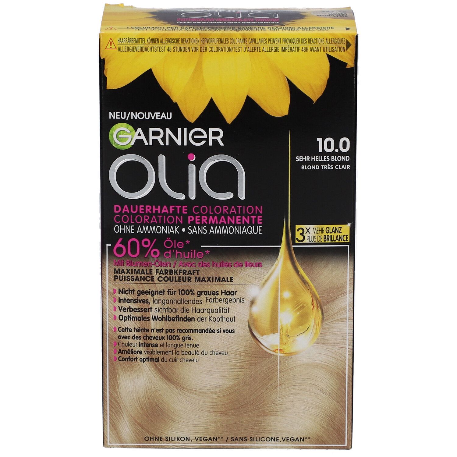 Garnier Olia kleuring 10.0 Zeer lichtblond. Verpakking met productinfo en oliedruppel illustratie.