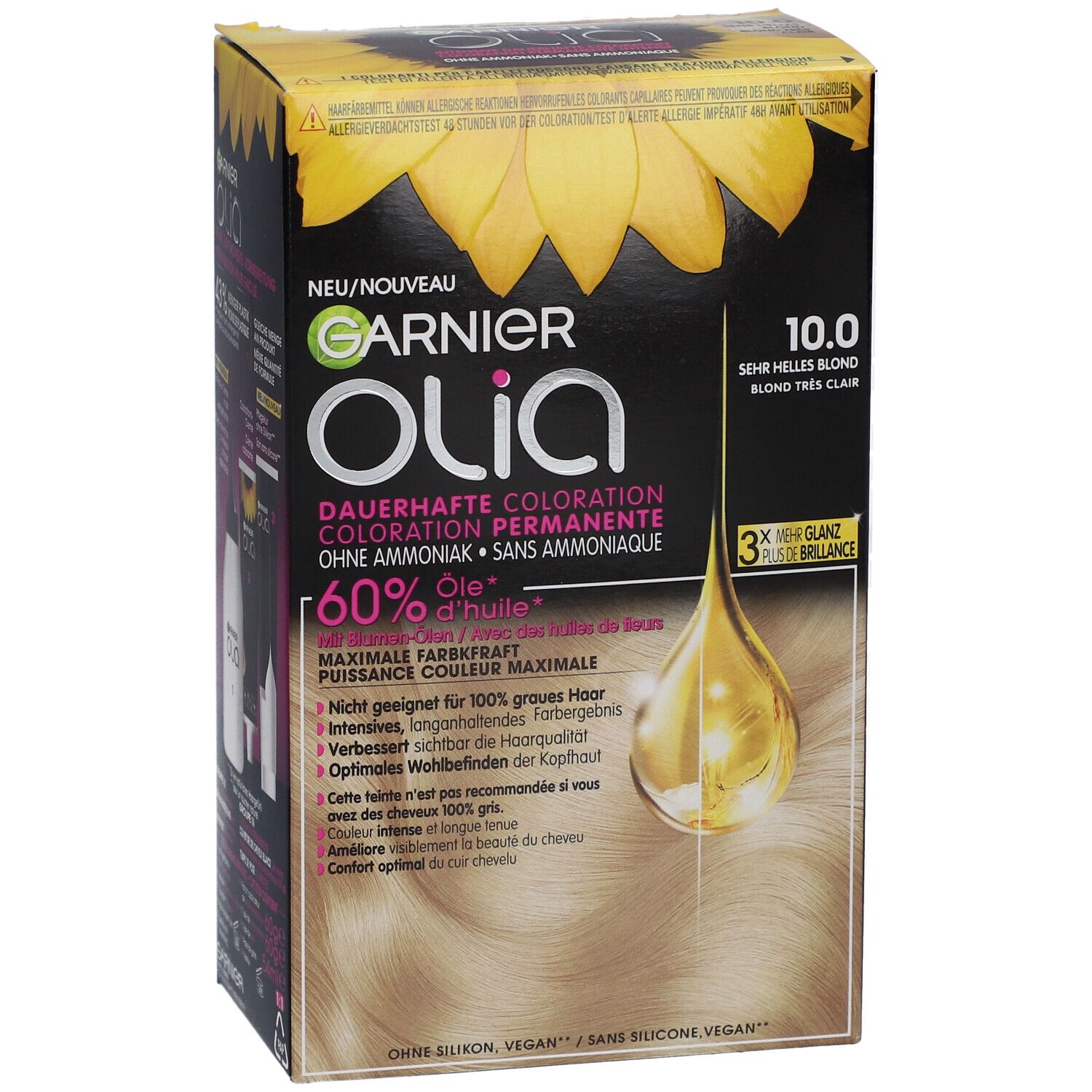 Garnier Olia kleuring 10.0 Zeer lichtblond. Verpakking met productinfo en oliedruppel illustratie.