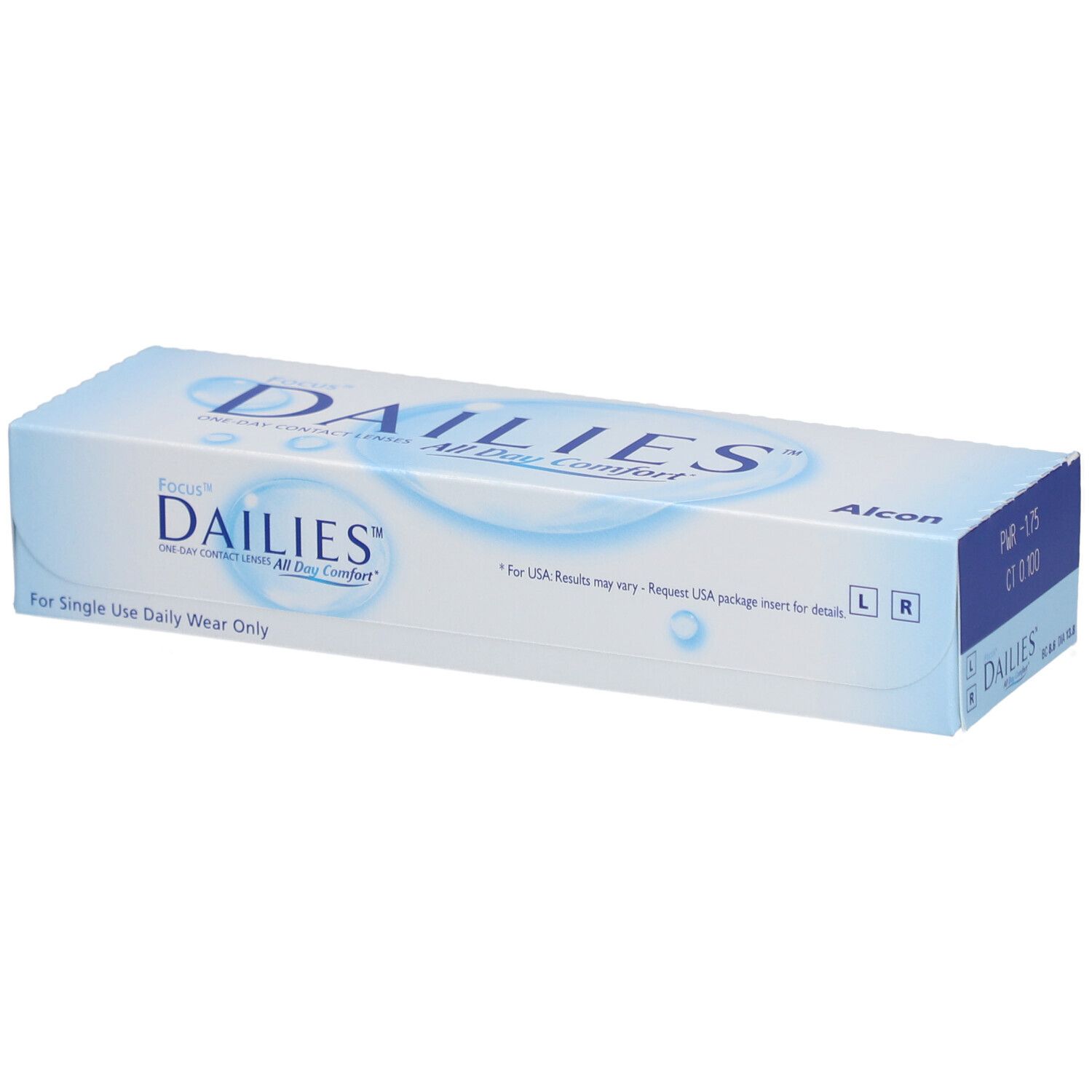 Doosje contactlenzen. Opschrift: FOCUS DAILIES All Day Comfort. Fabrikant: Alcon. Voor dagelijks gebruik.