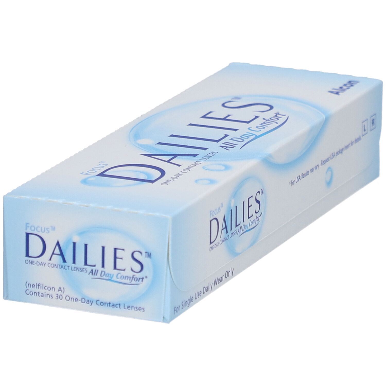 Doosje contactlenzen. Opschrift: FOCUS DAILIES All Day Comfort. Bevat 30 daglenzen. Fabrikant: Alcon.