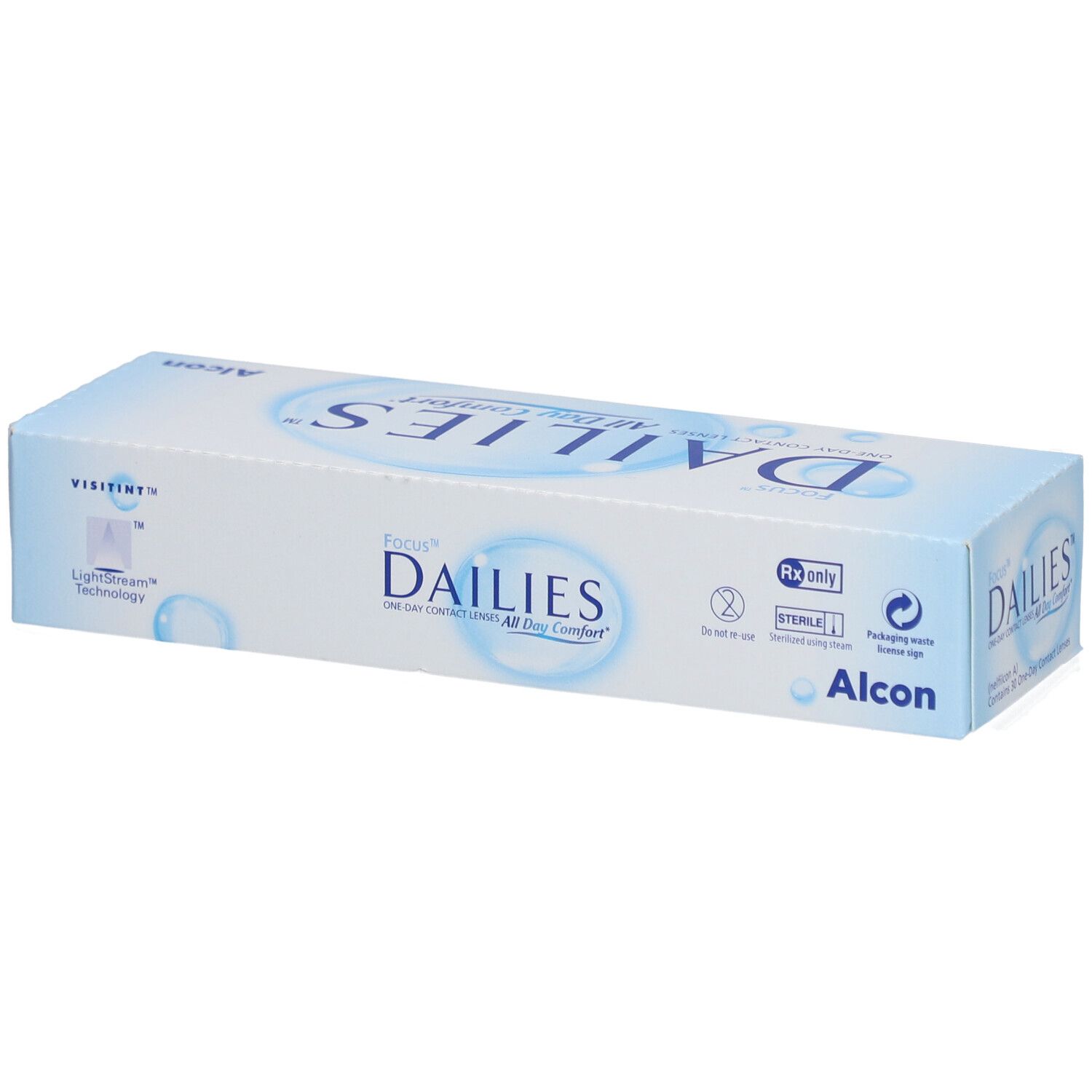 Doosje contactlenzen. Opschrift: FOCUS DAILIES All Day Comfort. Fabrikant: Alcon. Voor dagelijks gebruik. Steriel.