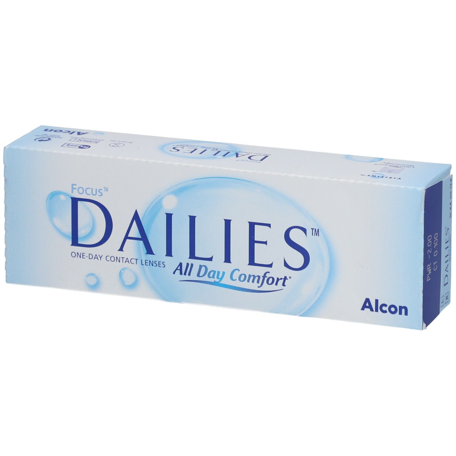 Doosje contactlenzen. Opschrift: Focus Dailies All Day Comfort. Merk: Alcon.