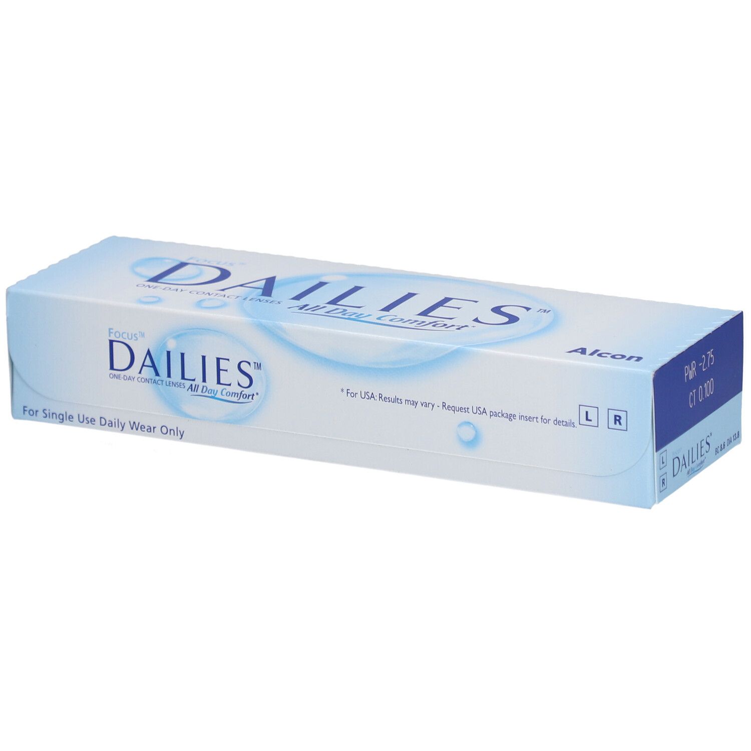 Verpakking van FOCUS® DAILIES® All Day Comfort daglenzen. Blauw en witte doos met productnaam en Alcon-logo. -2.75dpt.