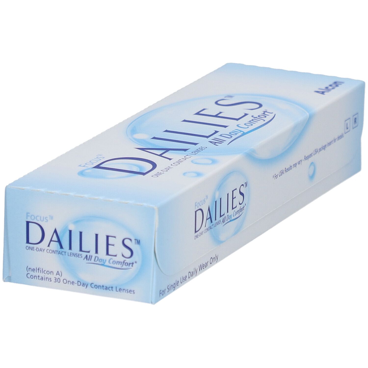 Doos FOCUS® DAILIES® All Day Comfort daglenzen. Blauw en witte verpakking met productnaam en Alcon-logo. Bevat 30 lenzen.