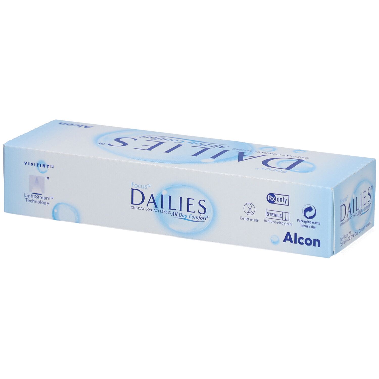 Verpakking van FOCUS® DAILIES® All Day Comfort daglenzen. Blauw en witte doos met productnaam en Alcon-logo. Visitenkarten-technologie.