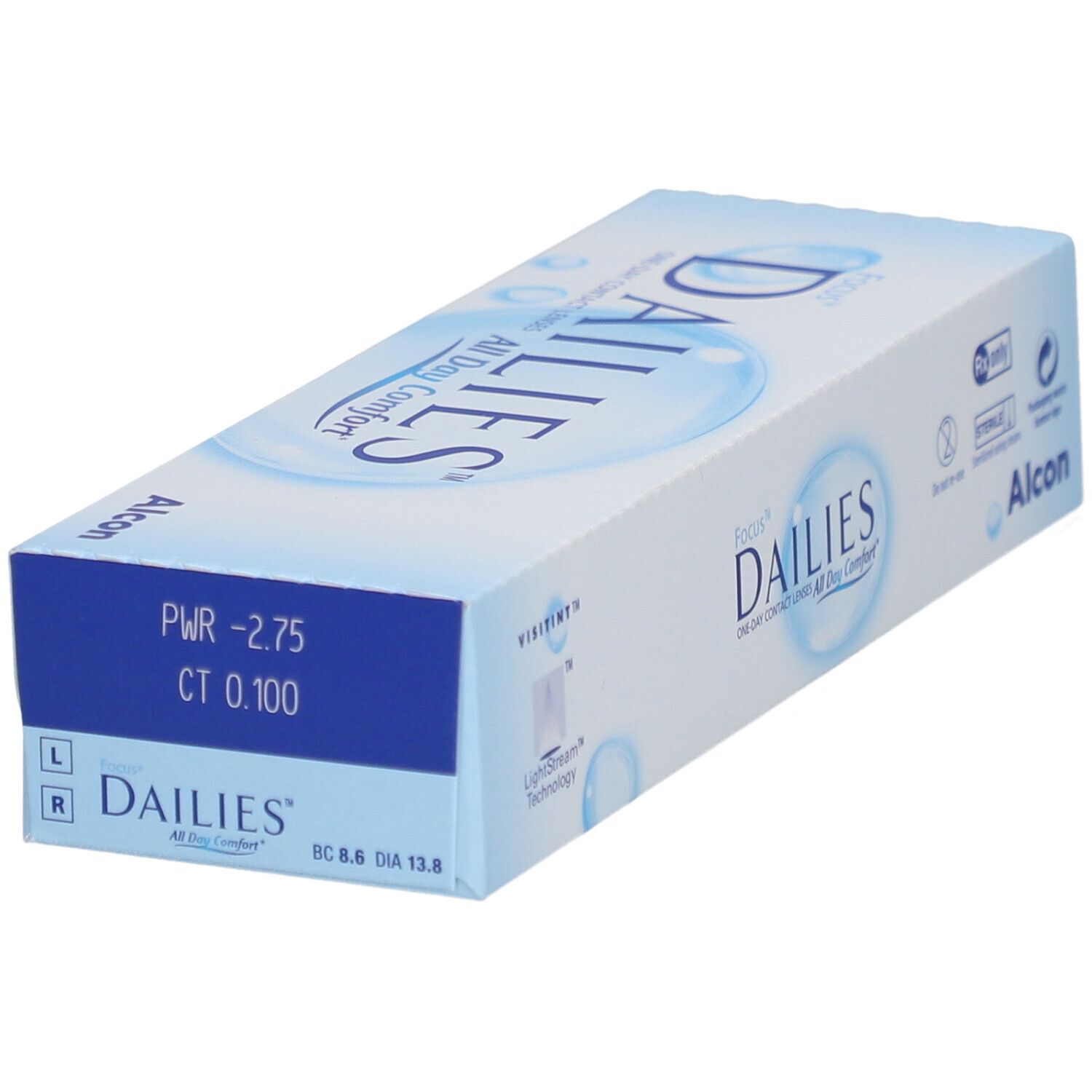 Doos FOCUS® DAILIES® All Day Comfort daglenzen. Blauw en witte verpakking met productnaam en Alcon-logo. PWR -2.75, CT 0.100.