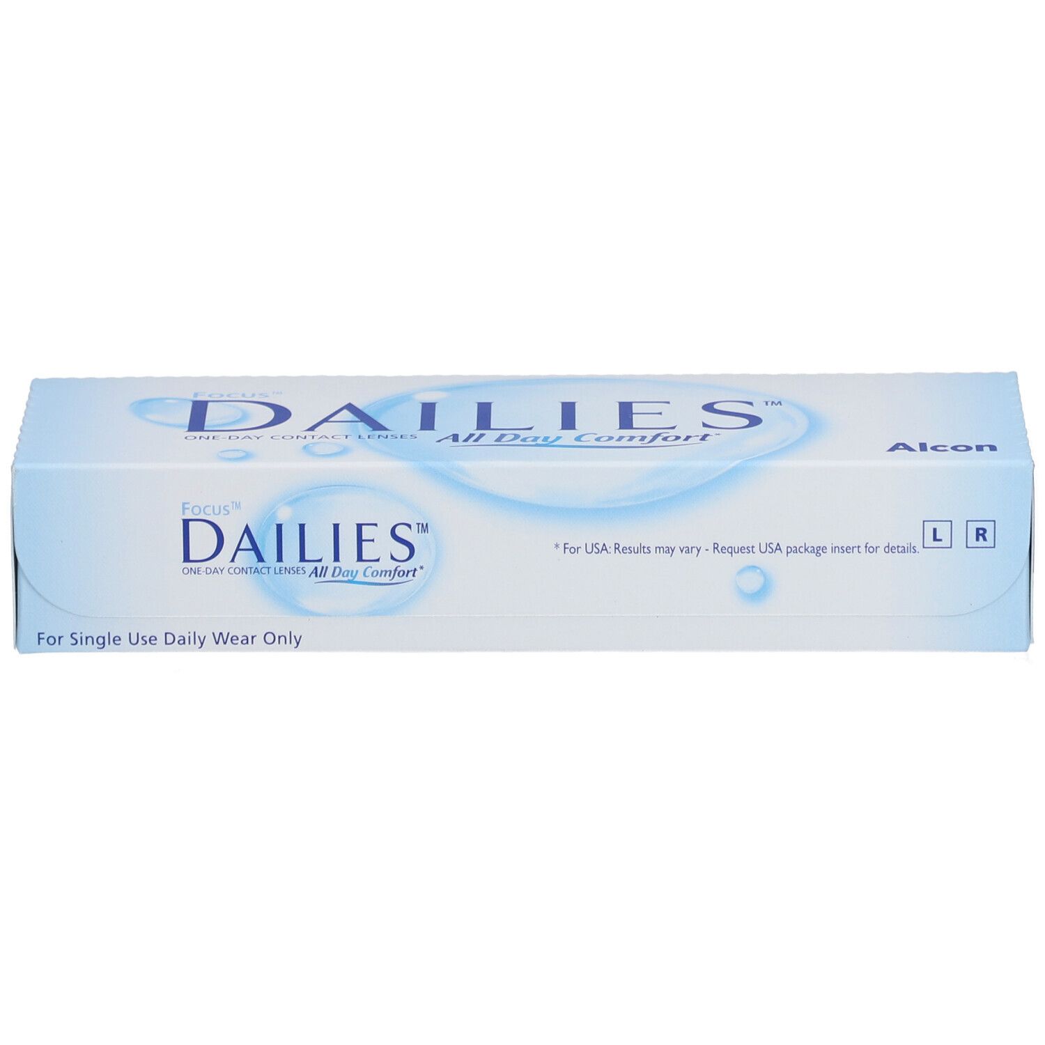 Verpakking van FOCUS® DAILIES® All Day Comfort daglenzen. Blauw en witte doos met productnaam en Alcon-logo. L en R markeringen.