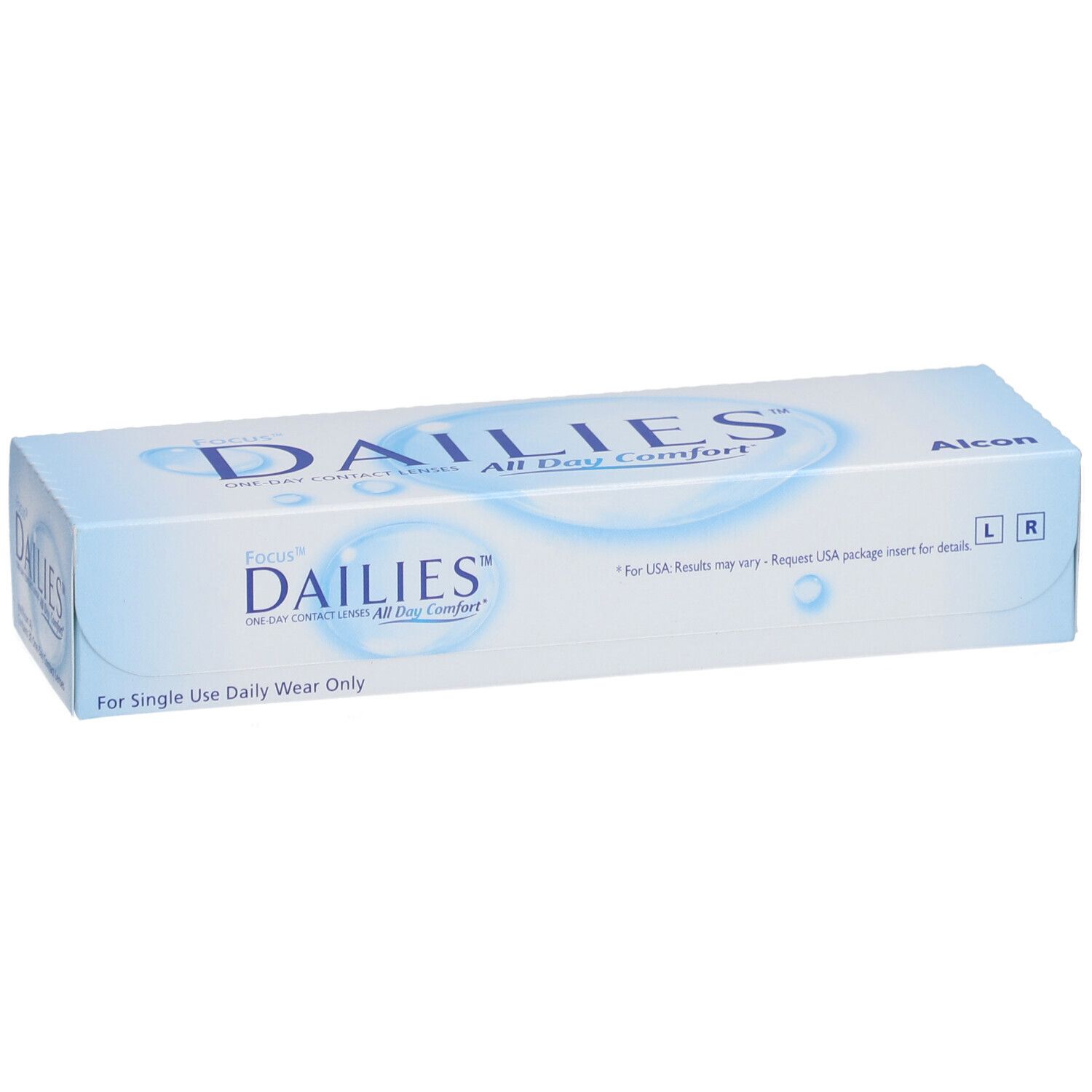 Verpakking van FOCUS® DAILIES® All Day Comfort daglenzen. Blauw en witte doos met productnaam en Alcon-logo. Voor dagelijks gebruik.