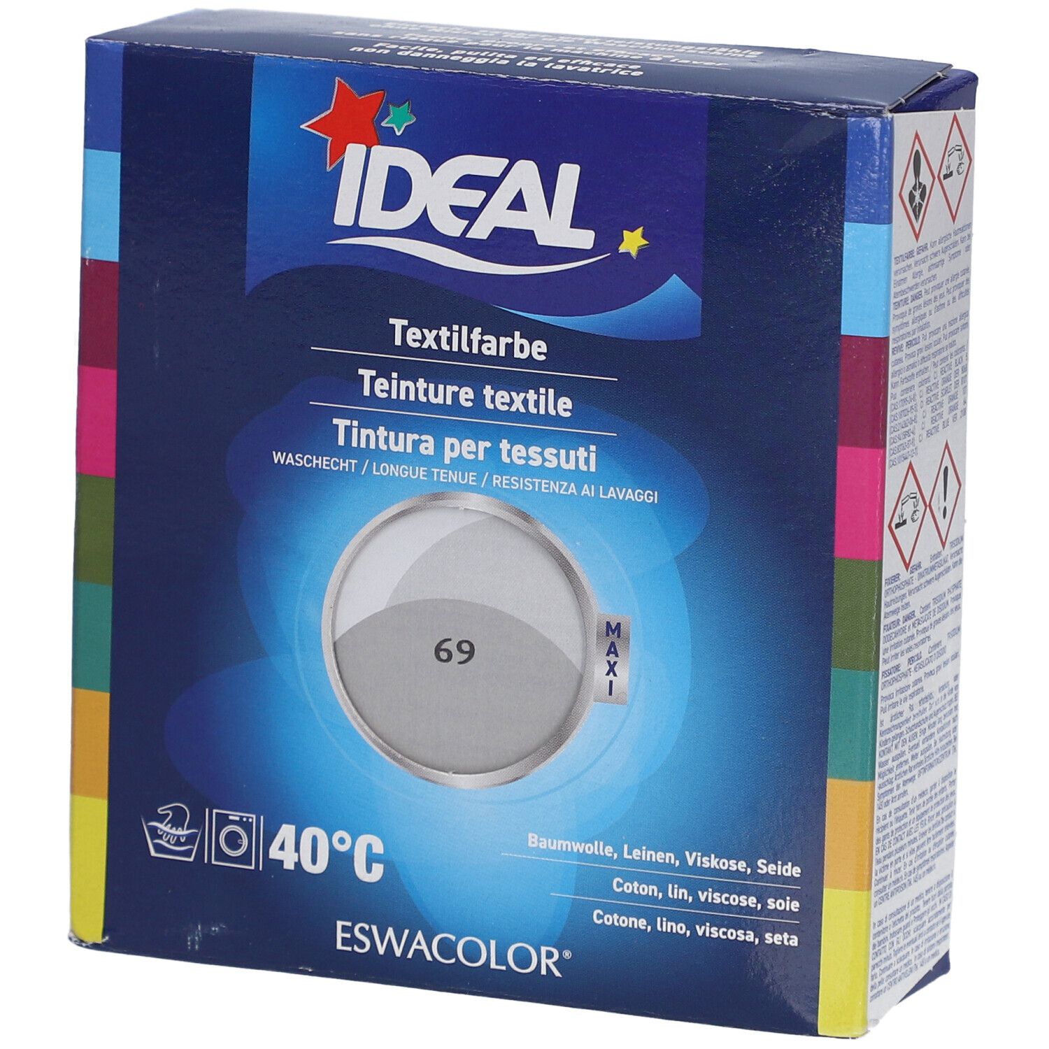 IDEAL textielverf, verpakking. Kleurenkaart parelgrijs met nummer 69. Wasmachine symbool en 40°C. Katoen, linnen, viscose, zijde.