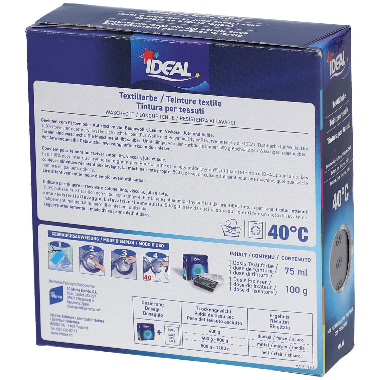 Achterkant van de IDEAL textielverf verpakking. Tekstinformatie, wassymbolen, doseerinstructies. Inhoud: 75 ml textielverf, 100 g fixeermiddel.