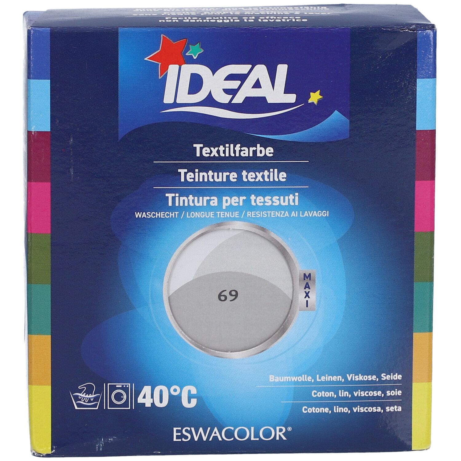 IDEAL textielverf verpakking. Kleurenkaart parelgrijs met nummer 69. Wasmachine symbool en 40°C. Katoen, linnen, viscose, zijde.