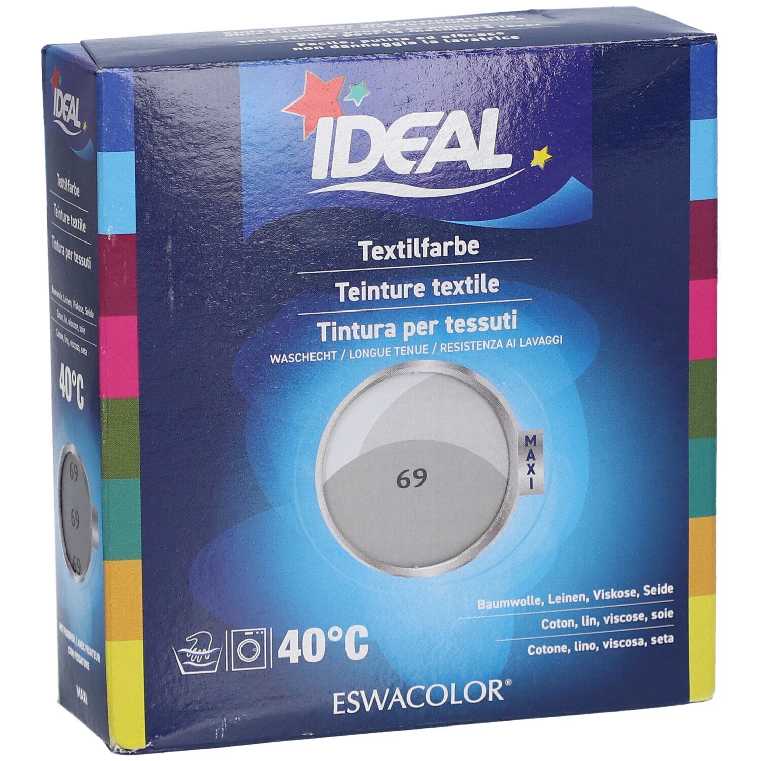 IDEAL textielverf verpakking. Kleurenkaart parelgrijs met nummer 69. Wasmachine symbool en 40°C. ESWACOLOR logo.