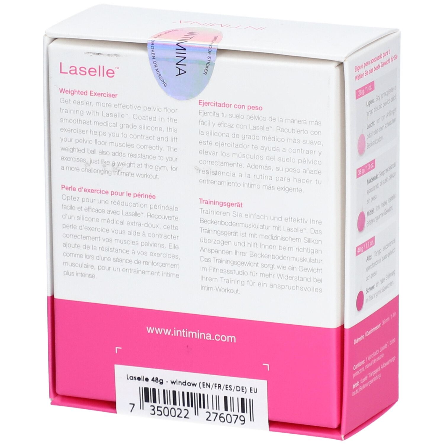 Emballage INTIMINA Laselle. Texte: Laselle, Weighted Exerciser. Sceau avec logo INTIMINA. Site web: www.intimina.com.