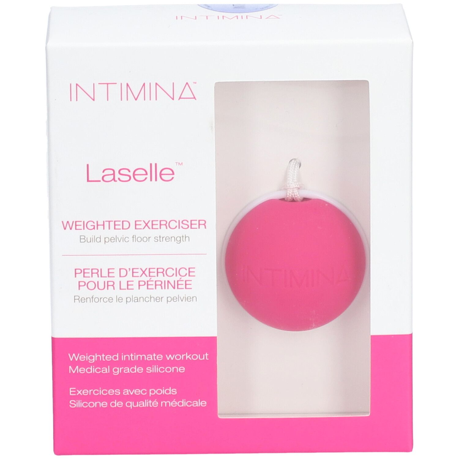 INTIMINA Laselle, boule rose avec cordon blanc, dans emballage blanc avec fenêtre. Texte: Weighted Exerciser.
