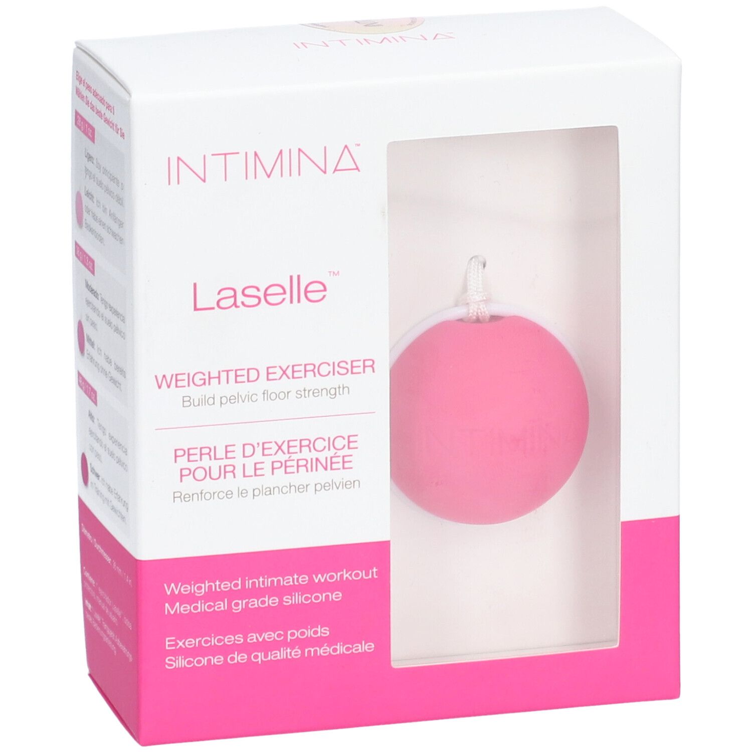 INTIMINA Laselle, boule rose avec cordon blanc, dans emballage blanc avec fenêtre. Texte: Weighted Exerciser.