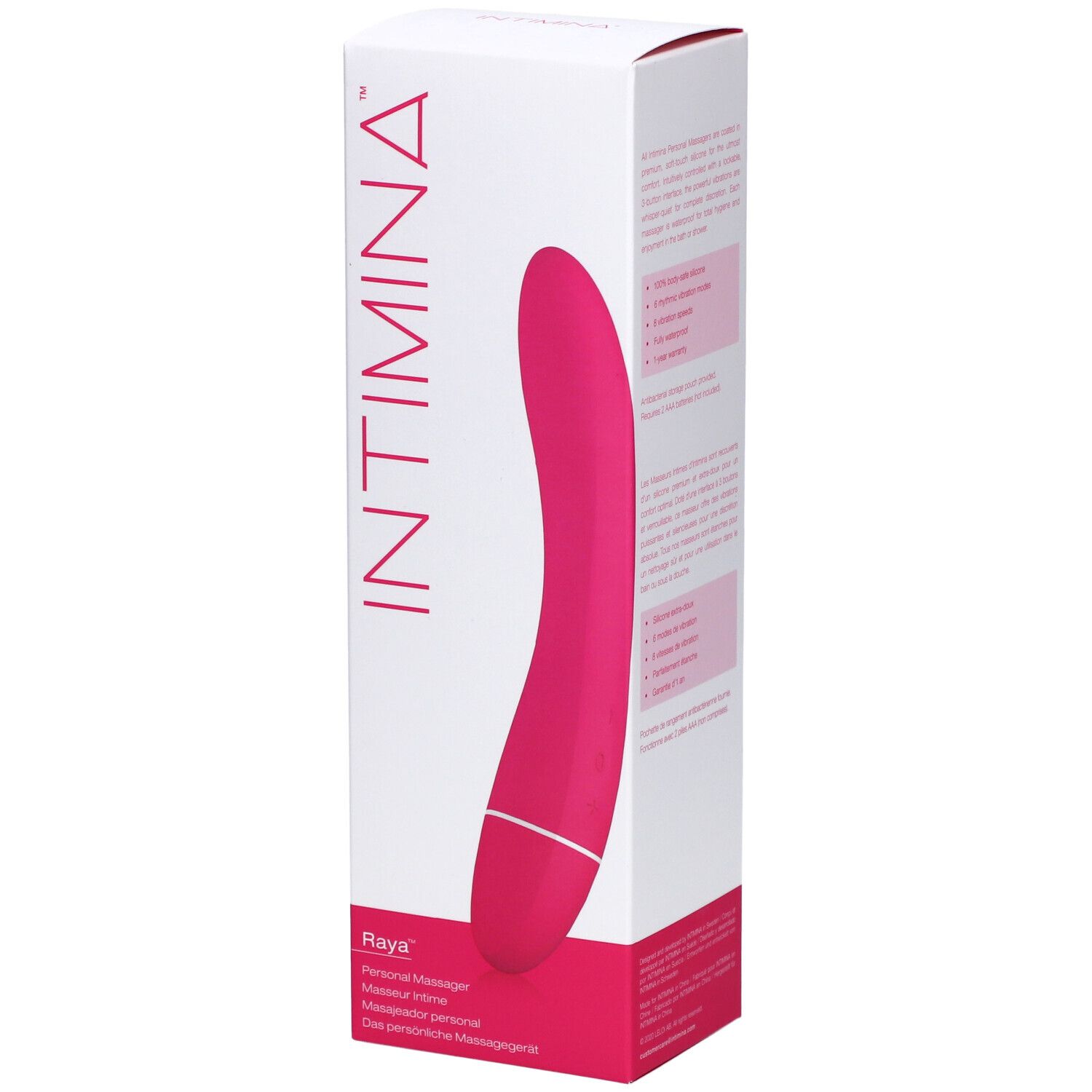 Emballage du masseur INTIMINA Raya. Masseur rose sur boîte blanche. Logo INTIMINA et nom du produit visibles.