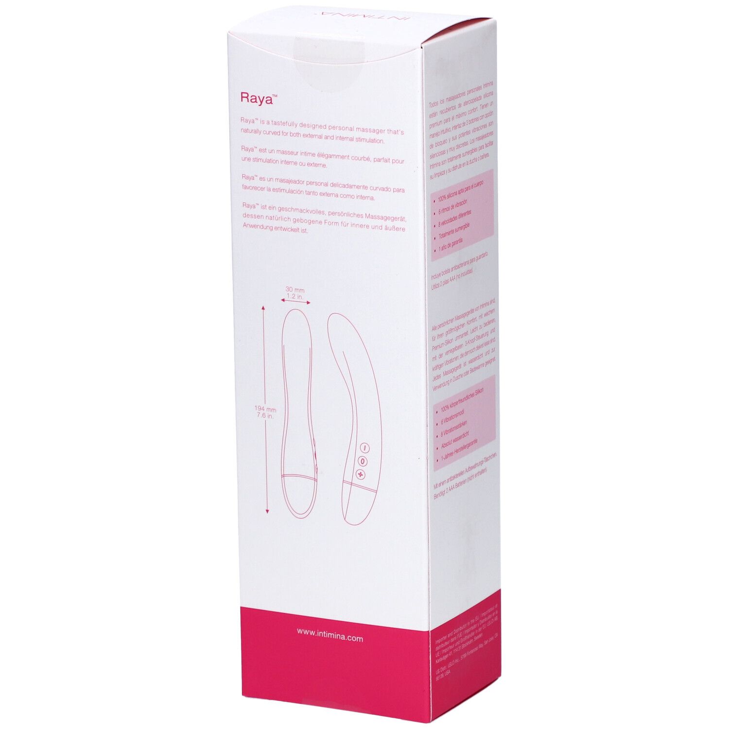 Côté de l'emballage du masseur INTIMINA Raya. Illustration du produit avec dimensions. Texte multilingue.