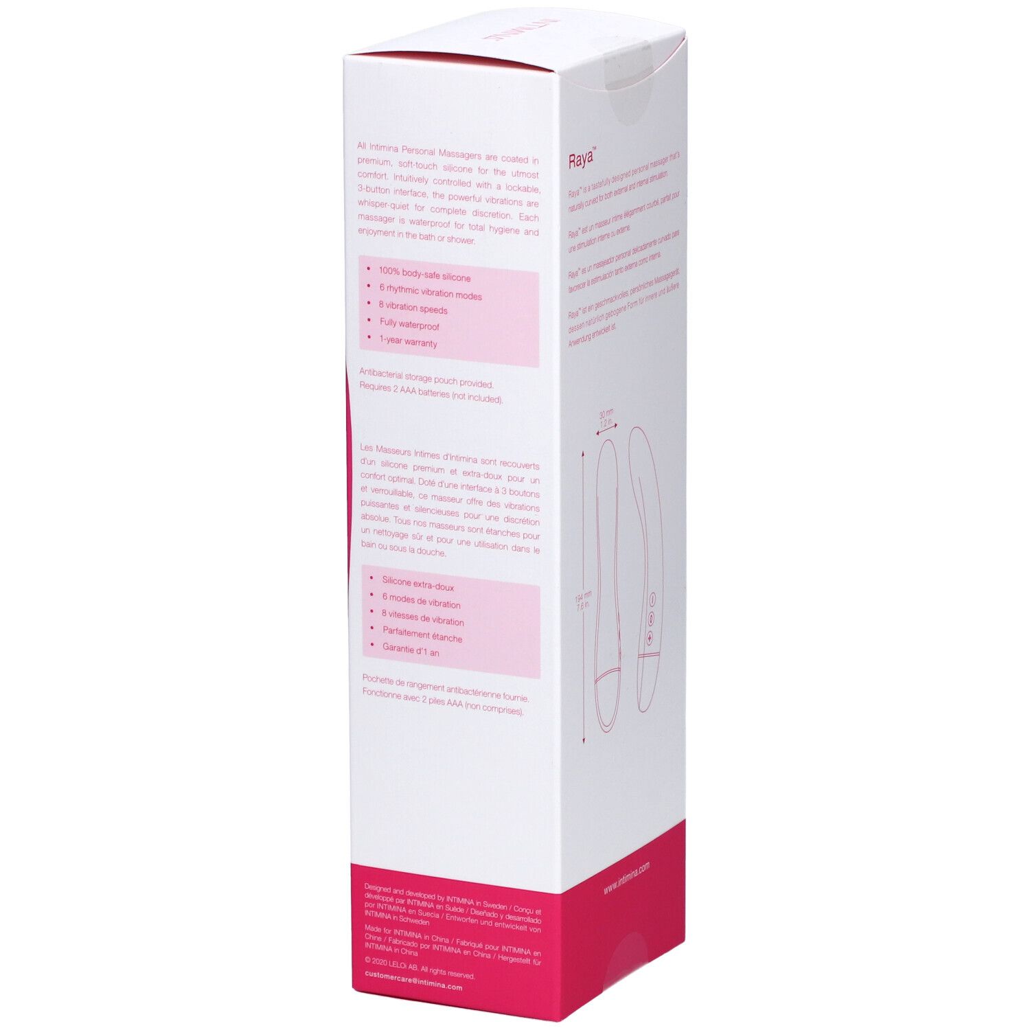 Côté de l'emballage du masseur INTIMINA Raya. Illustration du produit avec dimensions. Texte multilingue.