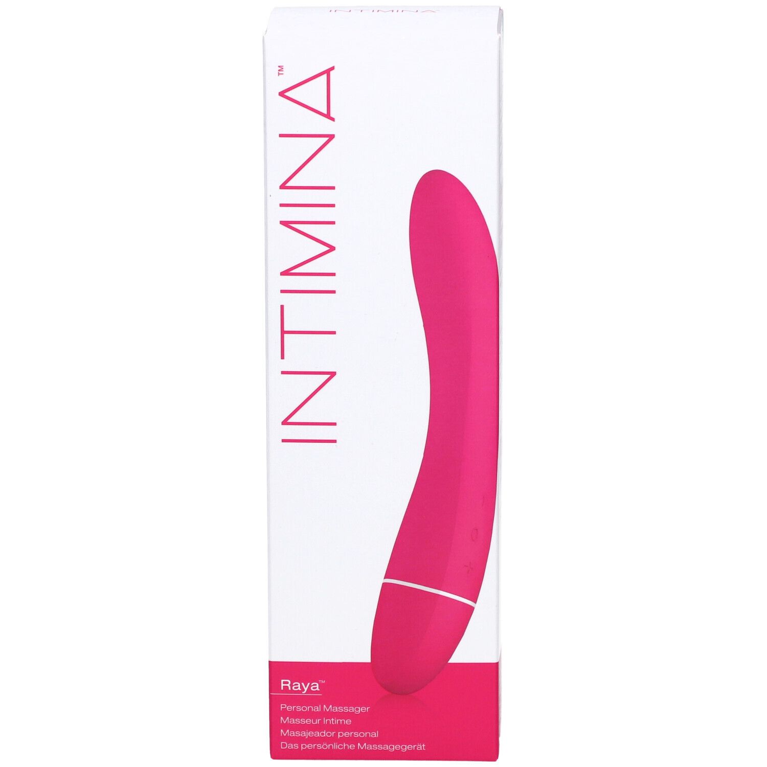 Face avant de l'emballage du masseur INTIMINA Raya. Masseur rose sur boîte blanche. Logo INTIMINA et nom du produit visibles.