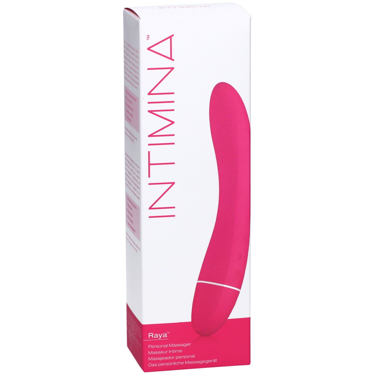 Face avant de l'emballage du masseur INTIMINA Raya. Masseur rose sur boîte blanche. Logo INTIMINA et nom du produit visibles.
