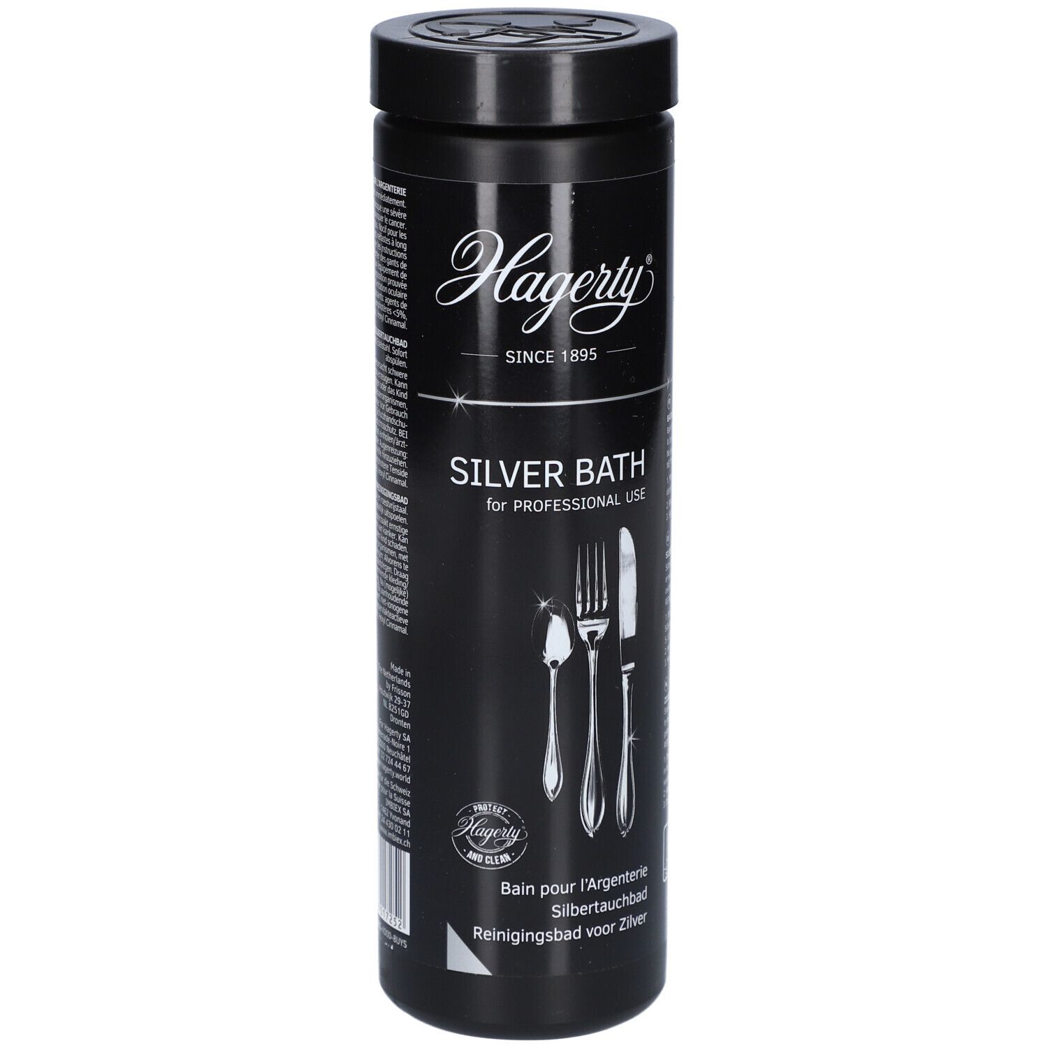 Zwarte cilindrische fles met Hagerty-logo en productnaam Silver Bath. Afbeelding van bestek. Sinds 1895.