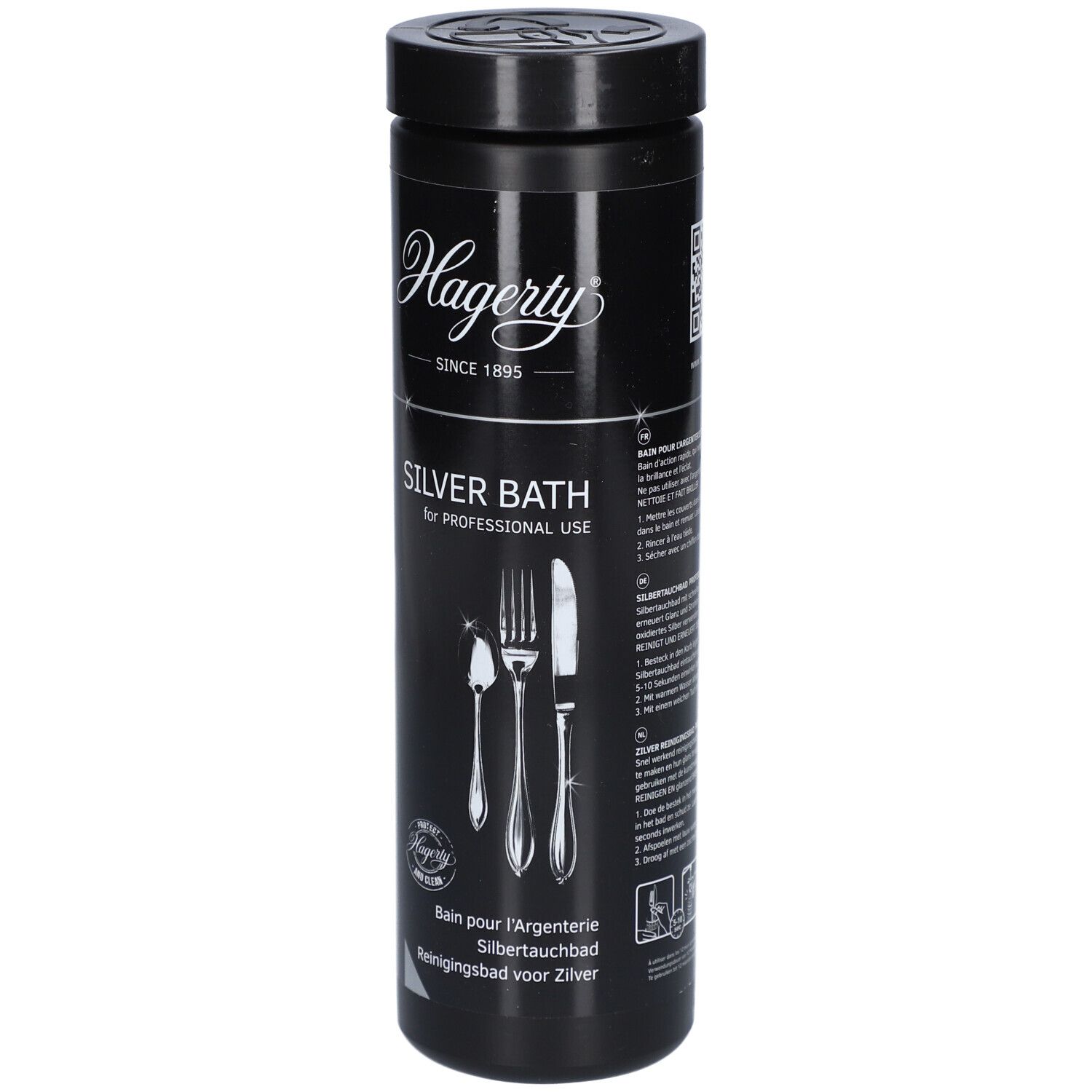 Zwarte cilindrische fles met Hagerty-logo en productnaam Silver Bath. Afbeelding van bestek. Sinds 1895.