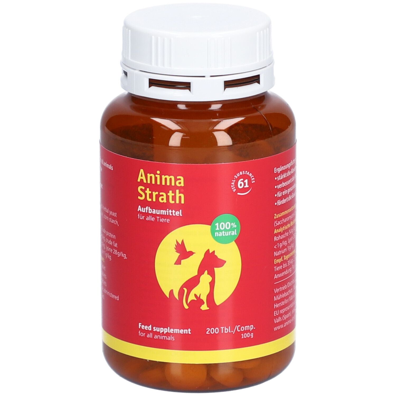 Bruine fles met witte dop. Rood etiket met productnaam, logo en tekst. 200 tabletten voor dieren.