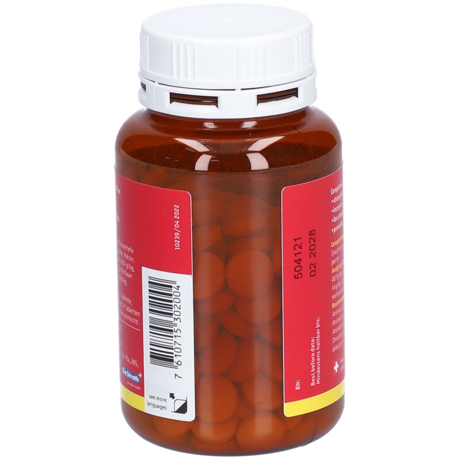 Bruine tabletten in een bruine fles met witte dop. Barcode en tekst op het etiket.