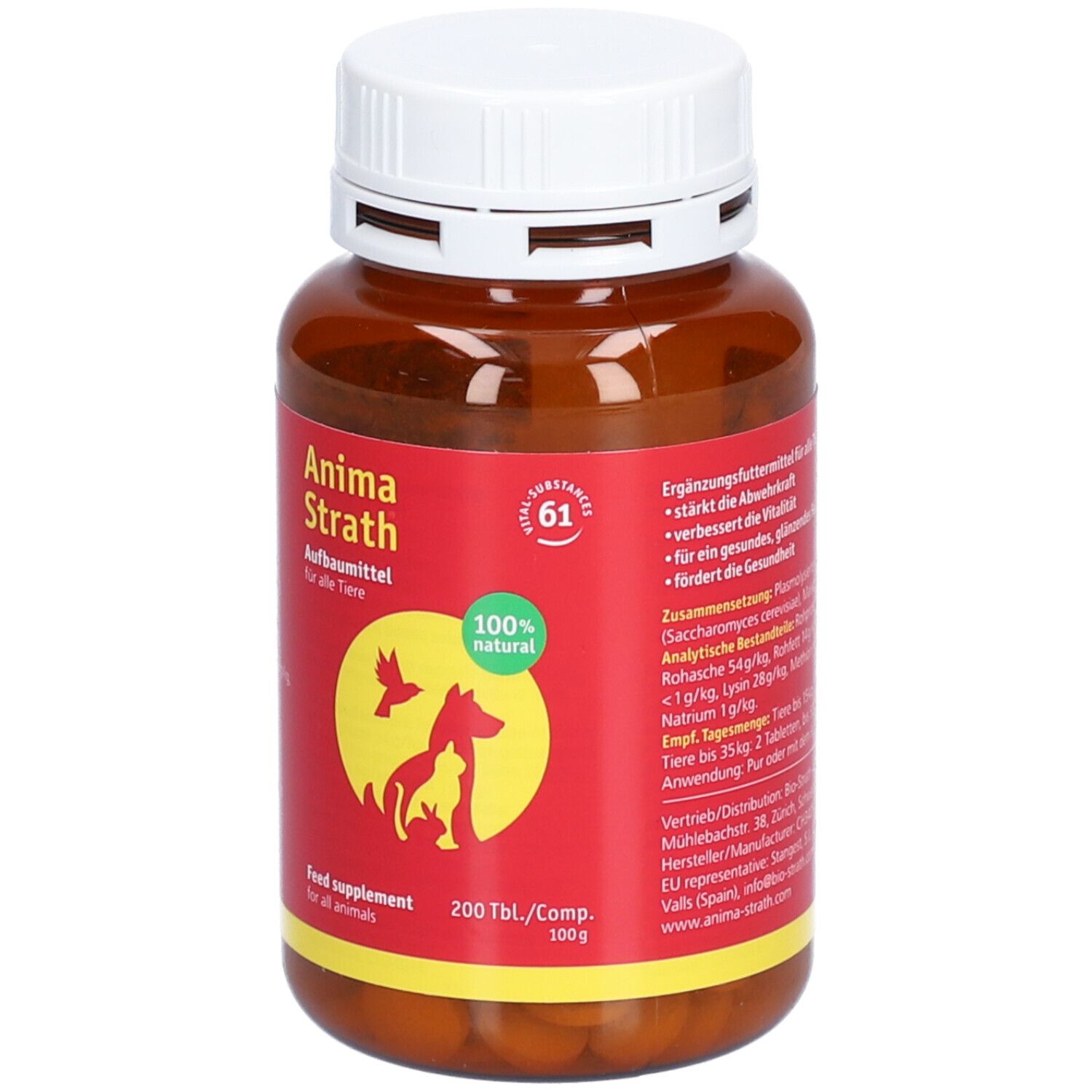 Bruine fles met witte dop. Rood etiket met productnaam, logo en tekst. 200 tabletten voor dieren.