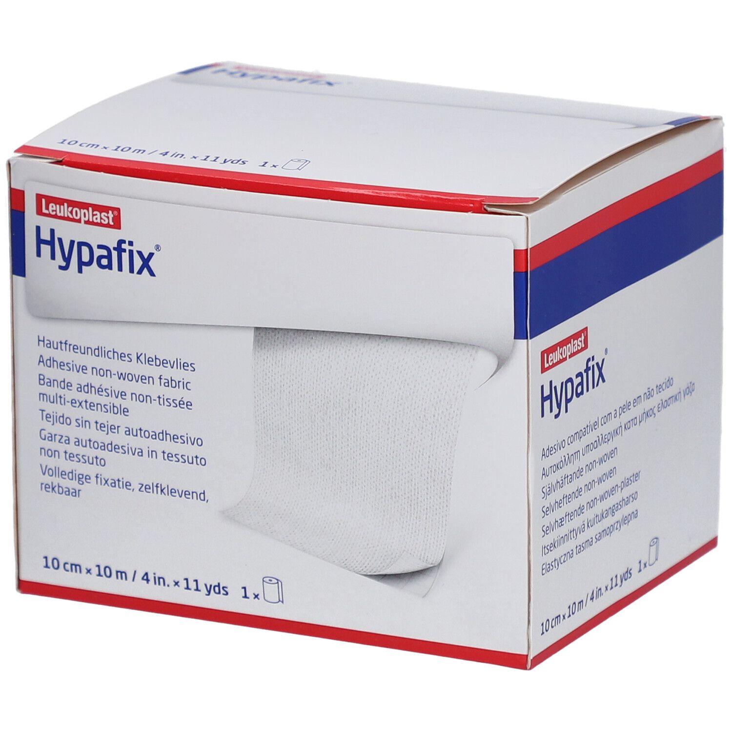 Doos Hypafix. Opschriften: Leukoplast, 10 cm x 10 m, 1 rol. Zichtbaar: rol zelfklevend vlies.