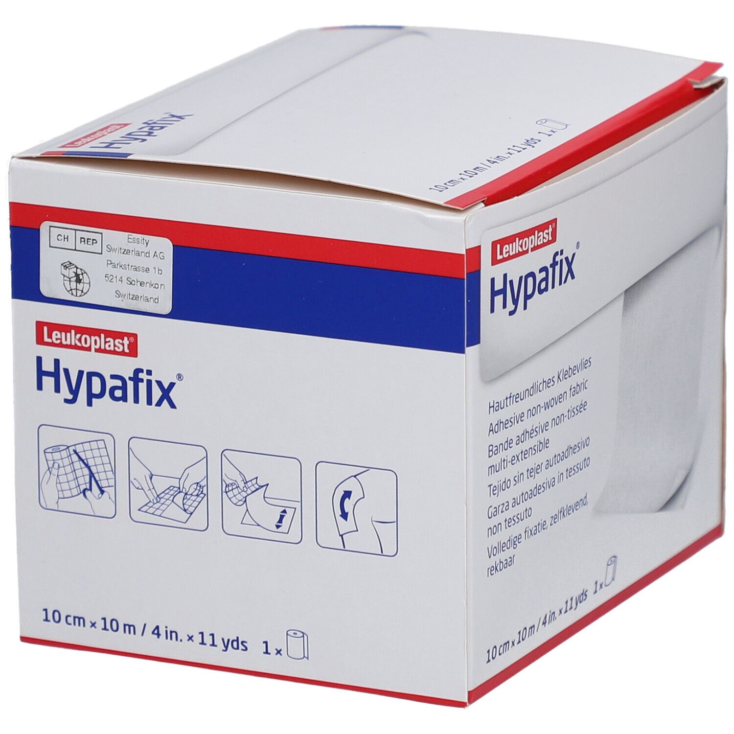Doos Hypafix. Opschriften: Leukoplast, 10 cm x 10 m, 1 rol. Illustraties: gebruik. Zichtbaar: rol zelfklevend vlies.
