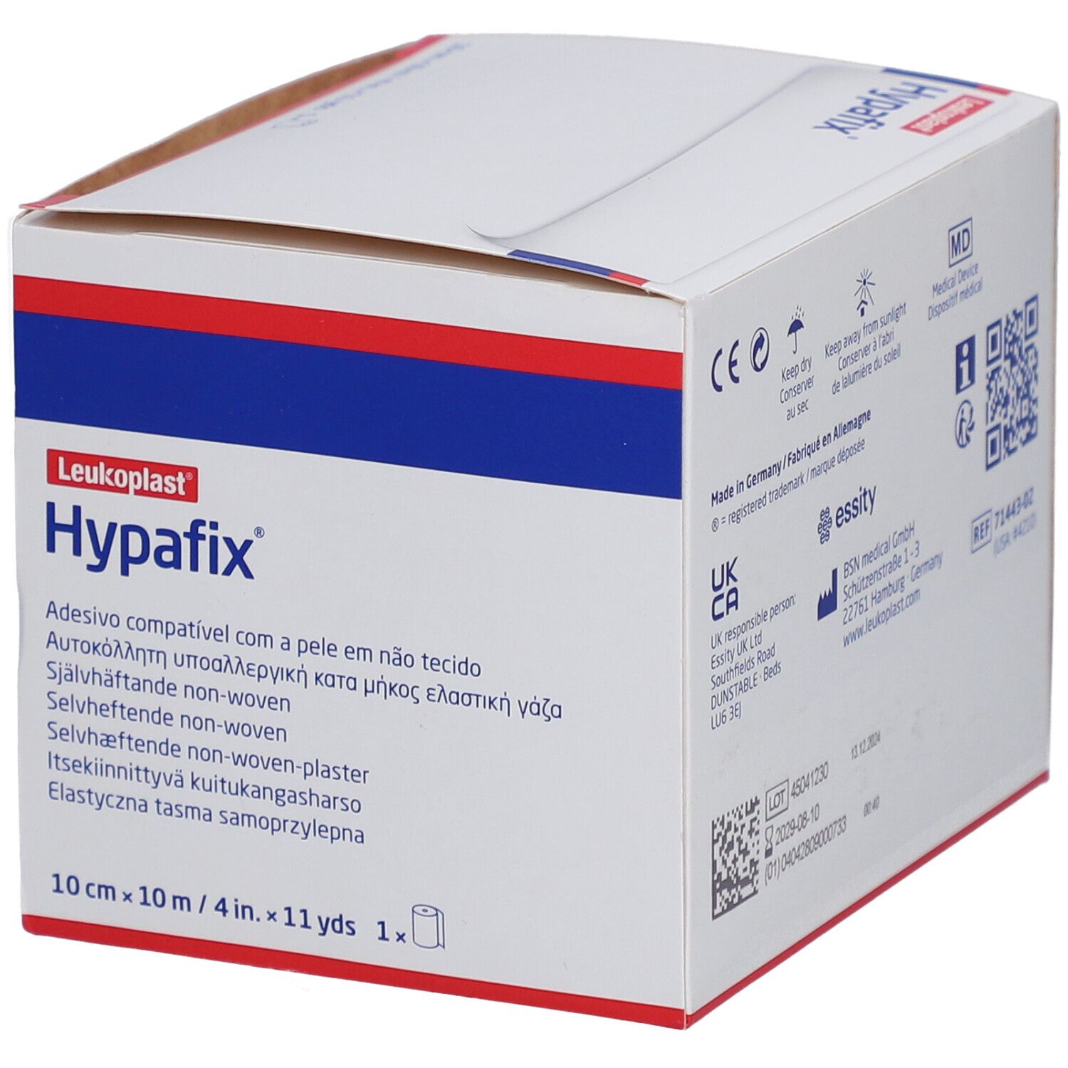Doos Hypafix. Opschriften: Leukoplast, 10 cm x 10 m, 1 rol. Meertalige productinformatie.