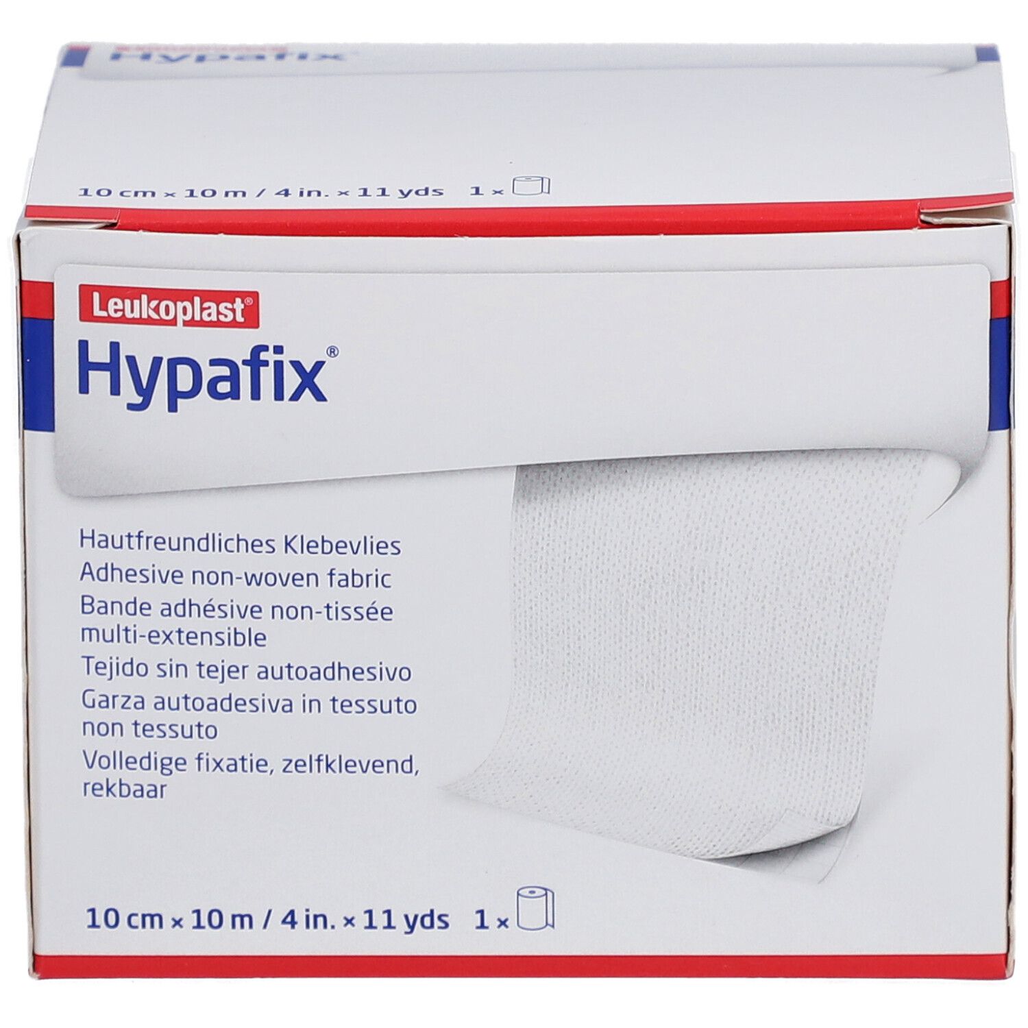Doos Hypafix. Opschriften: Leukoplast, 10 cm x 10 m, 1 rol. Zichtbaar: rol zelfklevend vlies.