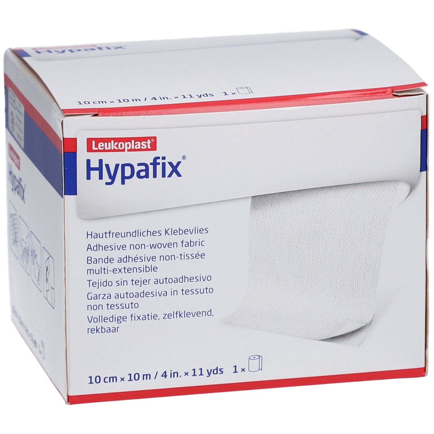 Doos Hypafix. Opschriften: Leukoplast, 10 cm x 10 m, 1 rol. Zichtbaar: rol zelfklevend vlies.