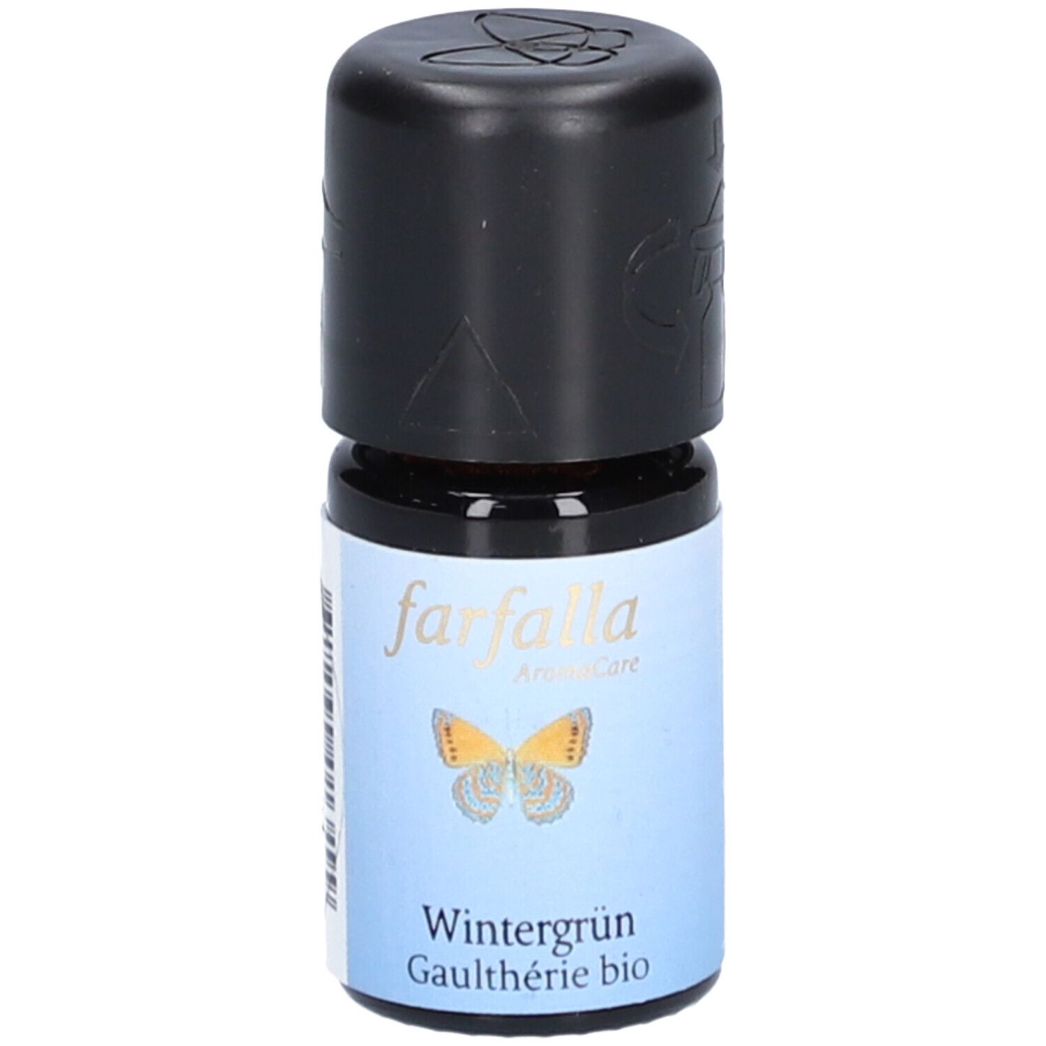 Bruine glazen fles met zwarte dop. Label met "farfalla AromaCare", vlinder en "Wintergrün Gaulthérie bio".