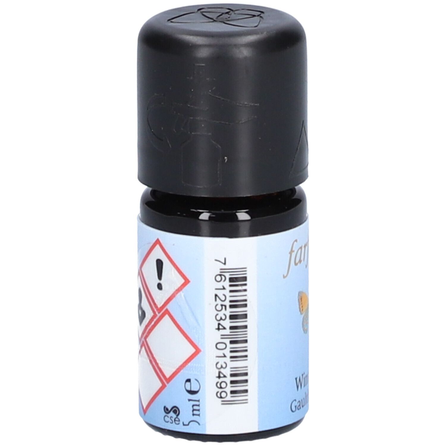 Bruine glazen fles met zwarte dop. Etiket met waarschuwingssymbolen en barcode. Opschrift: 5 ml.
