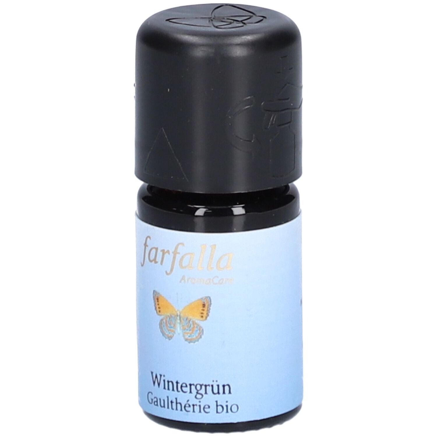 Bruine glazen fles met zwarte dop. Etiket met vlindergrafiek en tekst. Opschrift: Farfalla AromaCare.