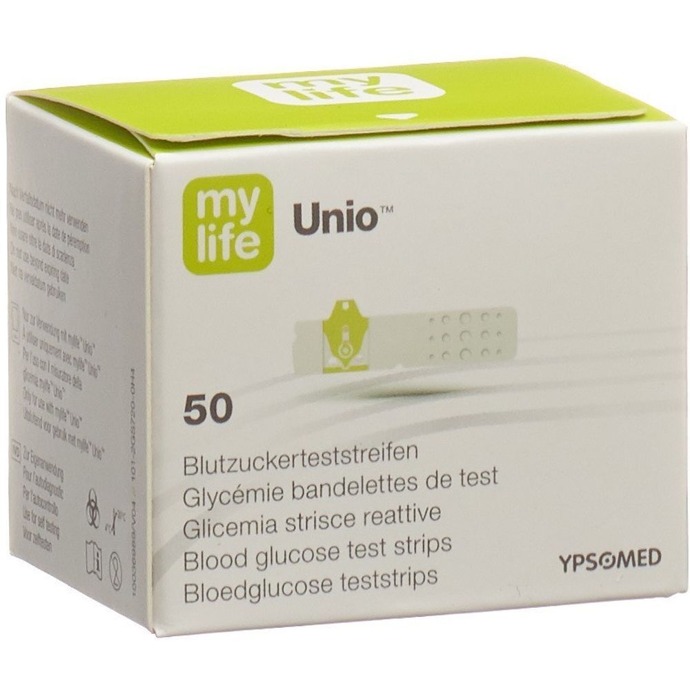 Boîte de bandelettes de test mylife Unio. Contient 50 bandelettes. Inscriptions : Blutzuckerteststreifen, Glycémie bandelettes de test, Glicemia strisce reattive, Blood glucose test strips.