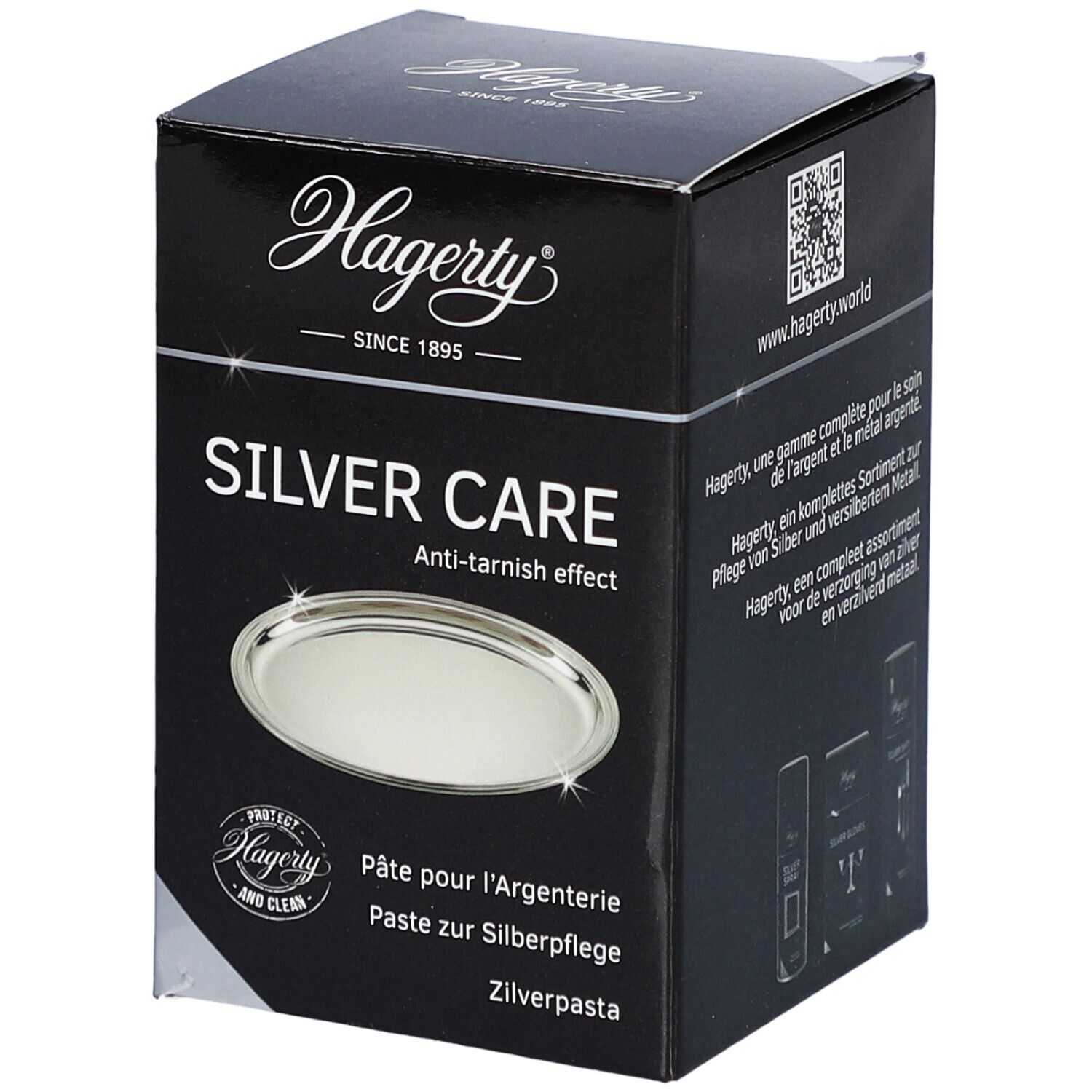 Zwarte doos Hagerty Silver Care. Tekst: Silver Care, Anti-tarnish effect. Afbeelding van een dienblad. Opschrift: Pâte pour l'argenterie, Paste zur Silberpflege, Zilv.